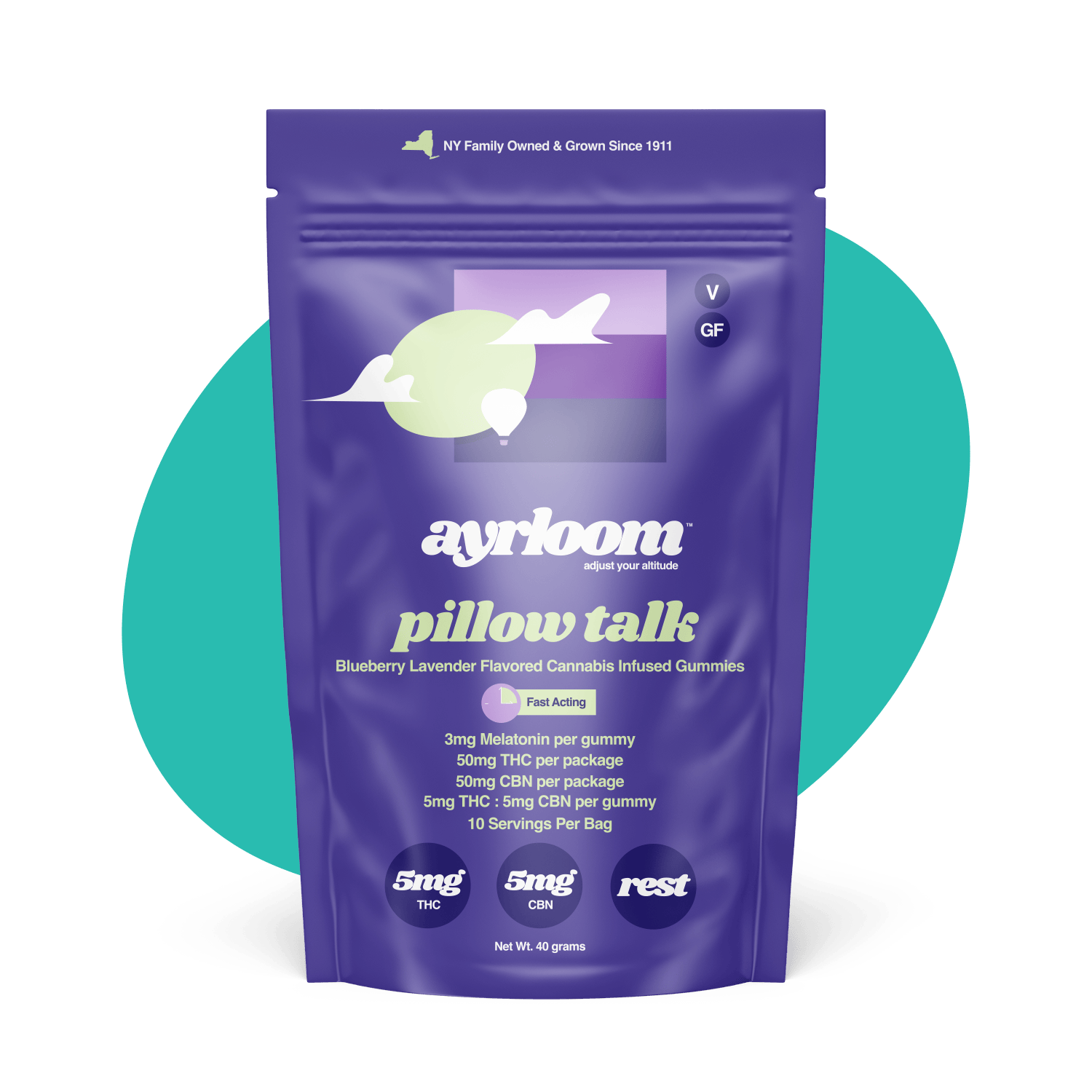ayrloom | Blueberry Lavender "Pillow Talk" | 1:1 | 5MG THC : 5MG CBN | 10pk at DOSHA