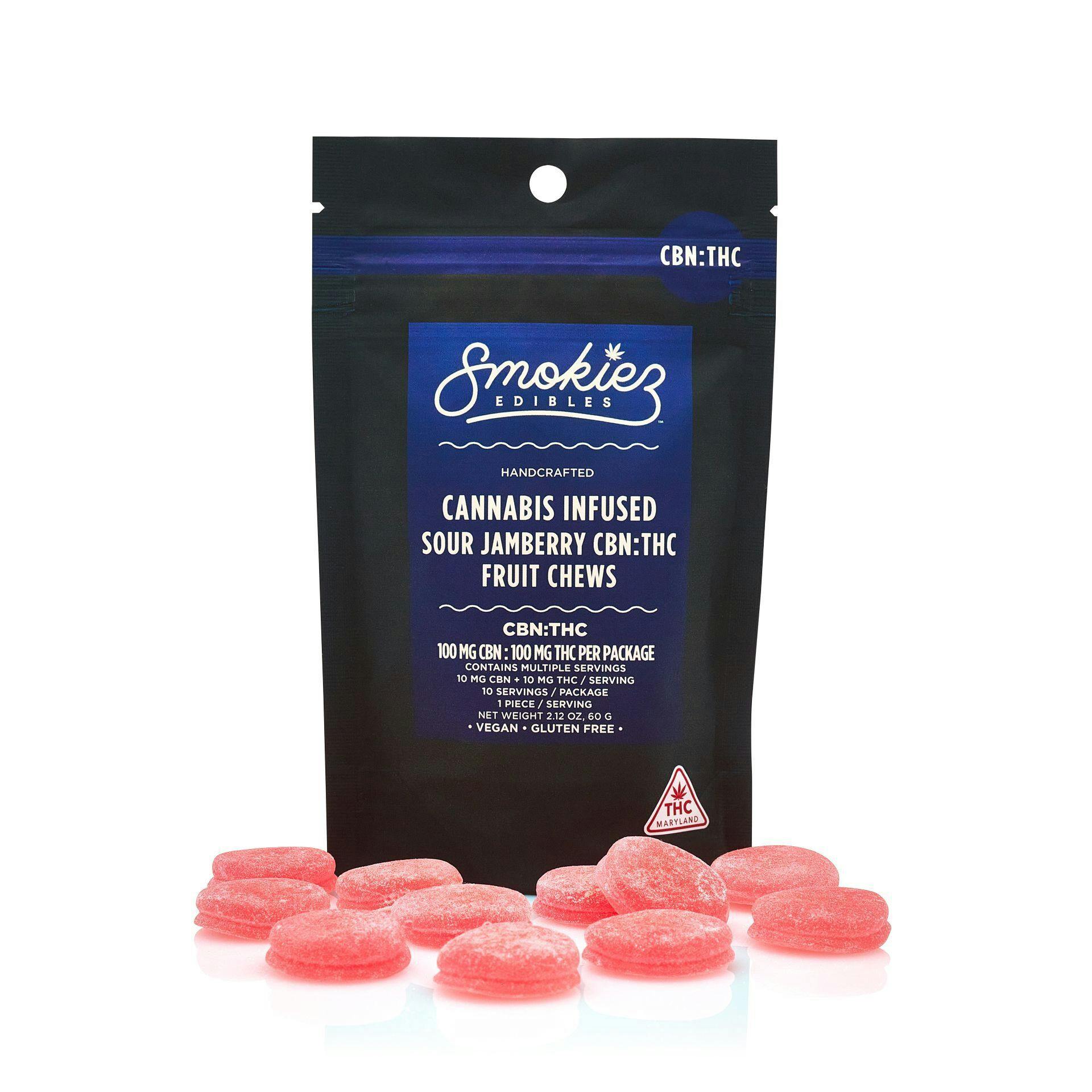 100 Mg Of Thc Compared To Smoking CBN:THC 1:1 Sour Jamberry100mg CBN:100mg THC Fruit Chews - Smokiez Edibles