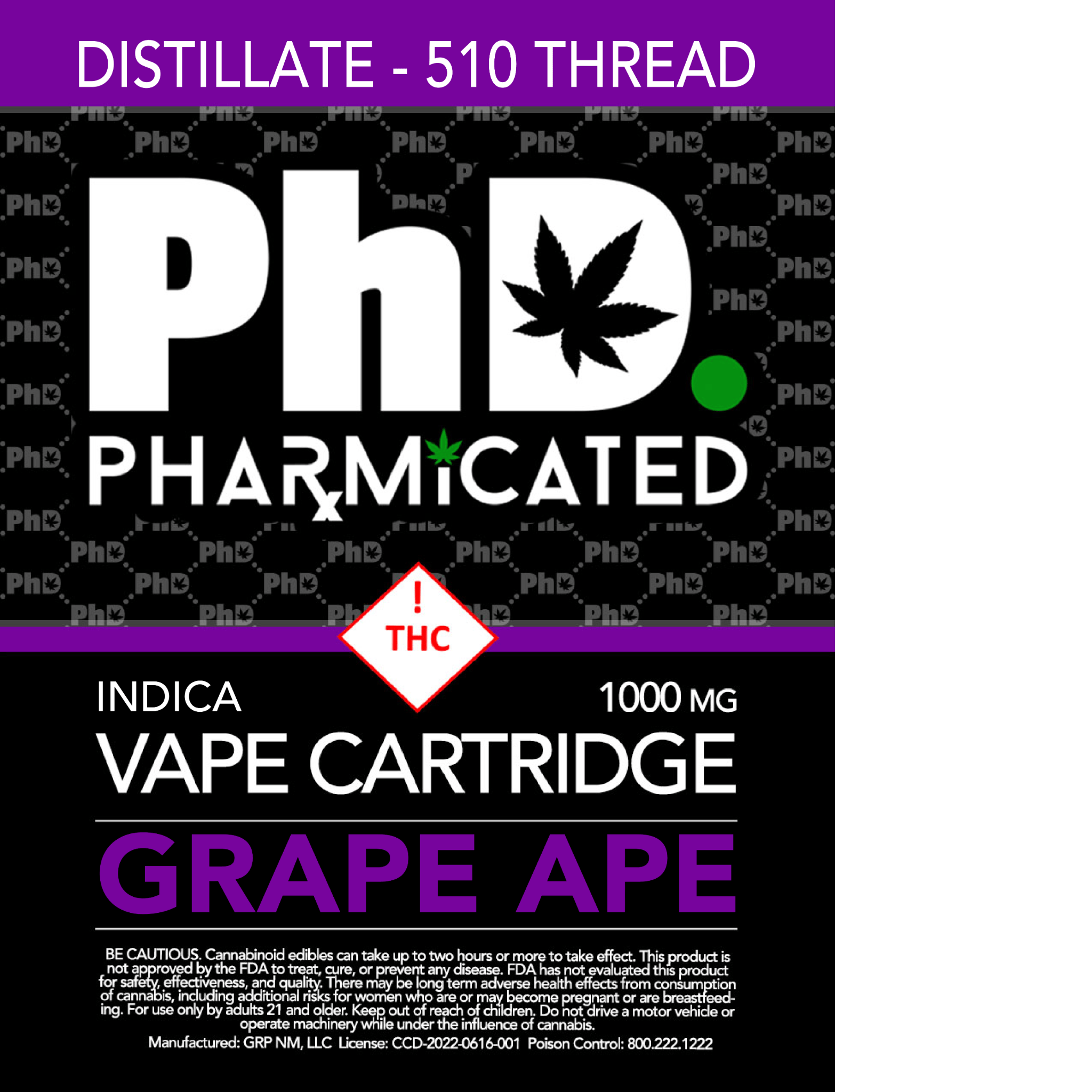 Pharmicated 510 Thread Vape Cart - 1000 mg - Grape Ape (I)
