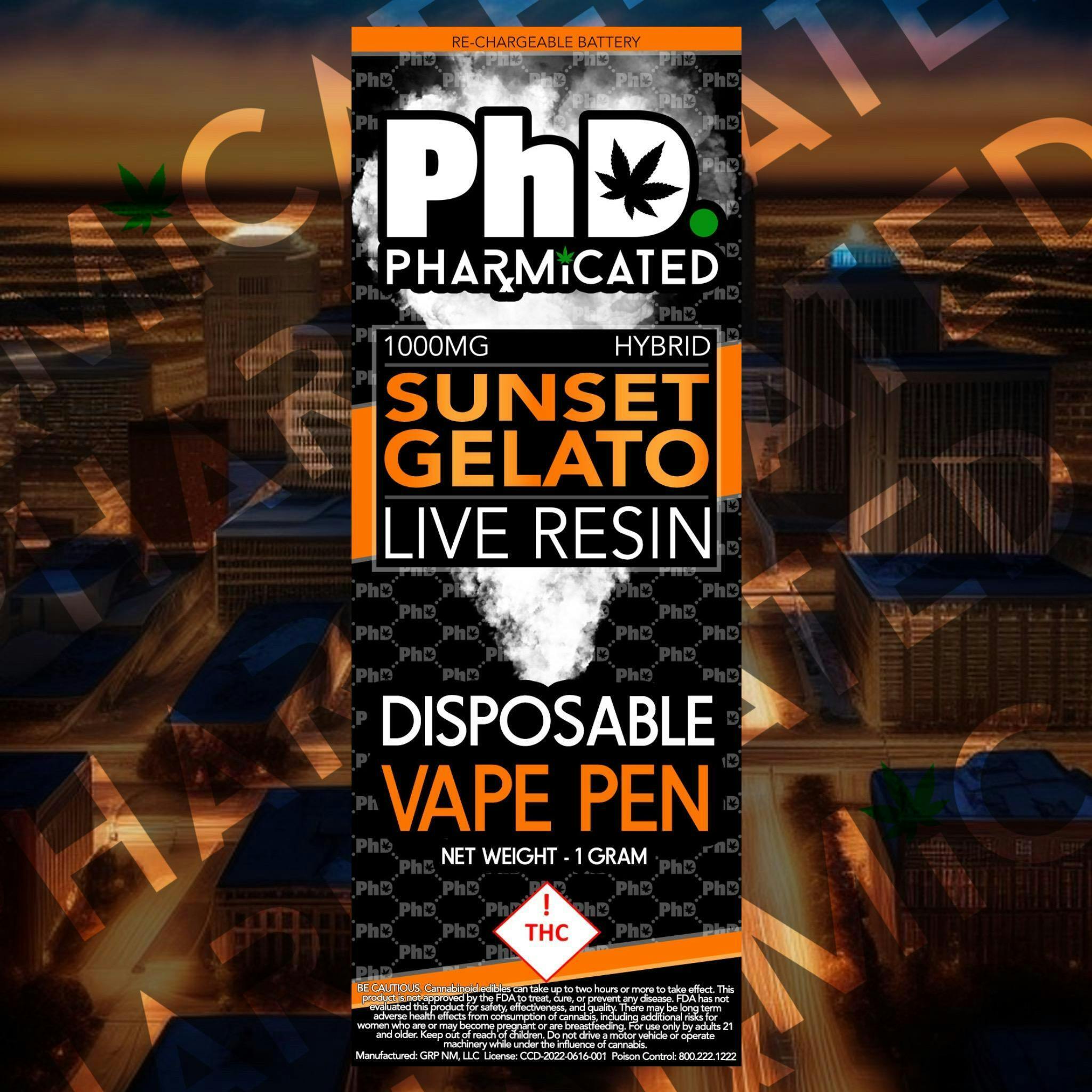PhD Disposable Vape Cart Live Resin Sunset Gelato Pharmicated