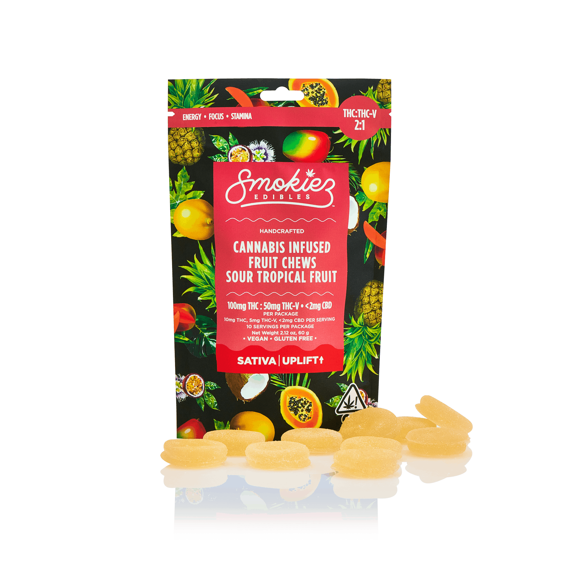 Sour Tropical Fruit 100mg THC : 50mg THC-V Fruit Chews - CA - Smokiez ...