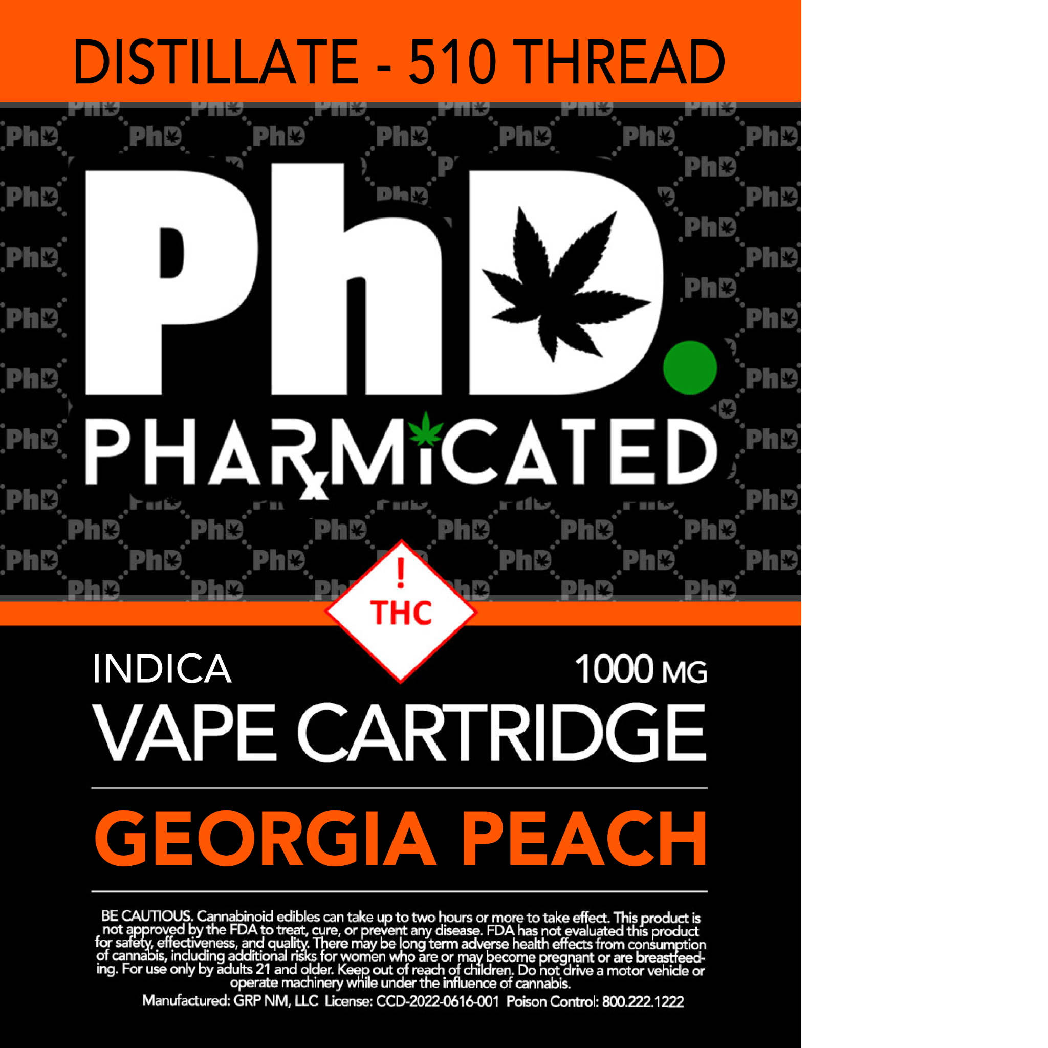 Pharmicated 510 Thread Vape Cart - 1000 mg- Georgia Peach (I)