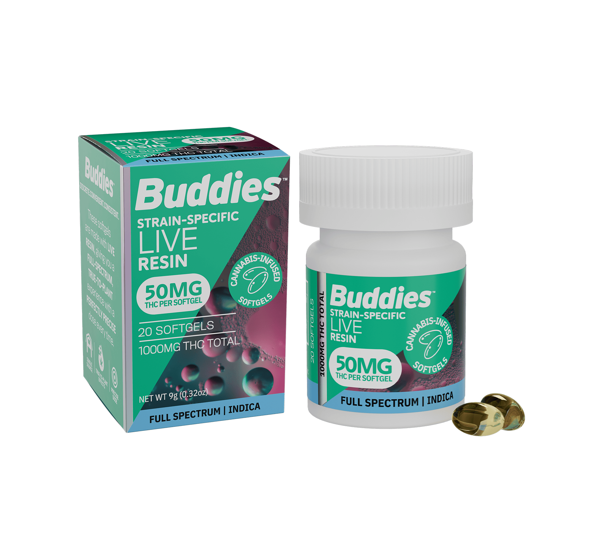 Live Resin Softgels | Indica | Capsules | 1000mg THC | 20ct | 50mg/ea