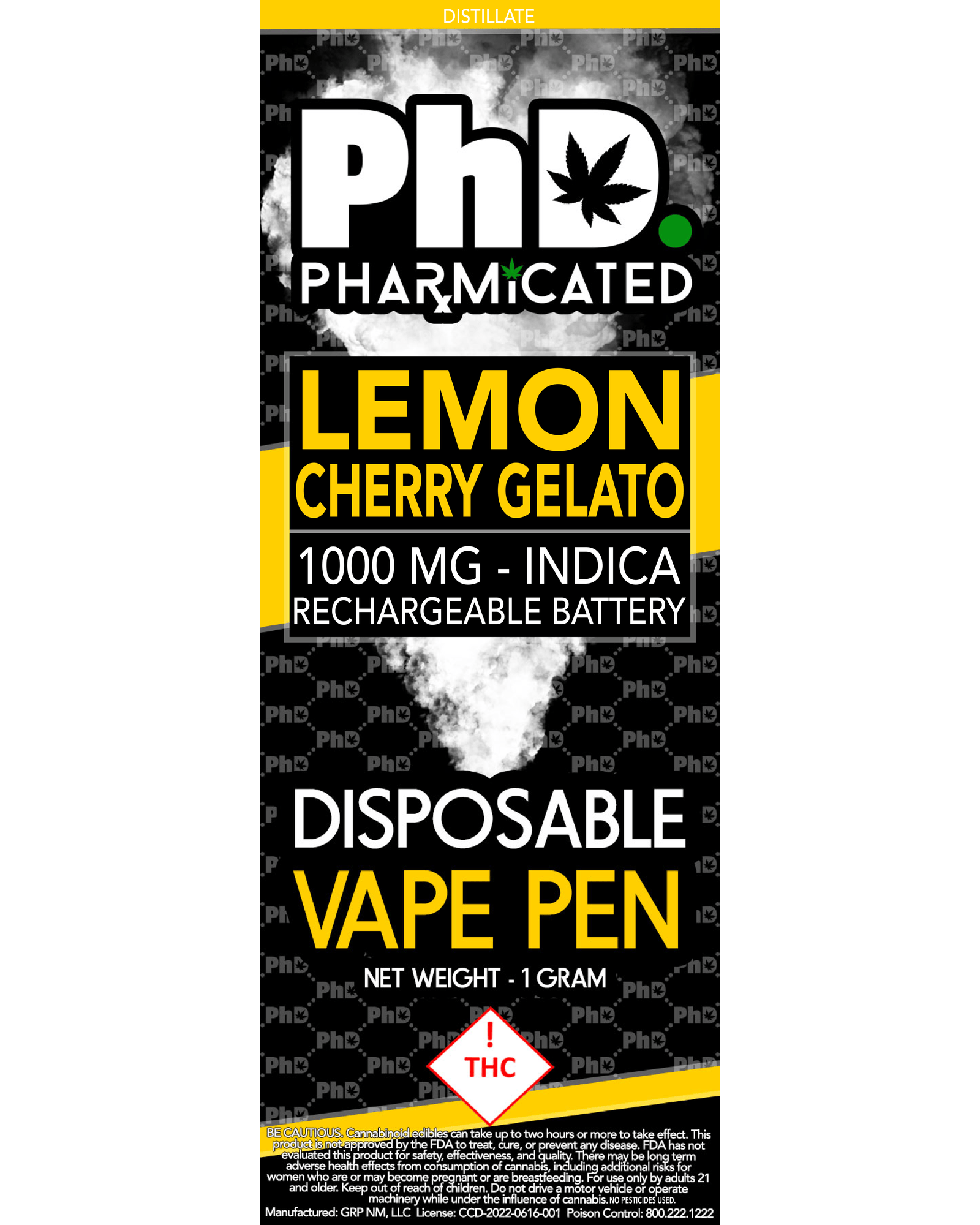 PhD Disposable Vape Cart - 1000 mg - Lemon Cherry Gelato (I)