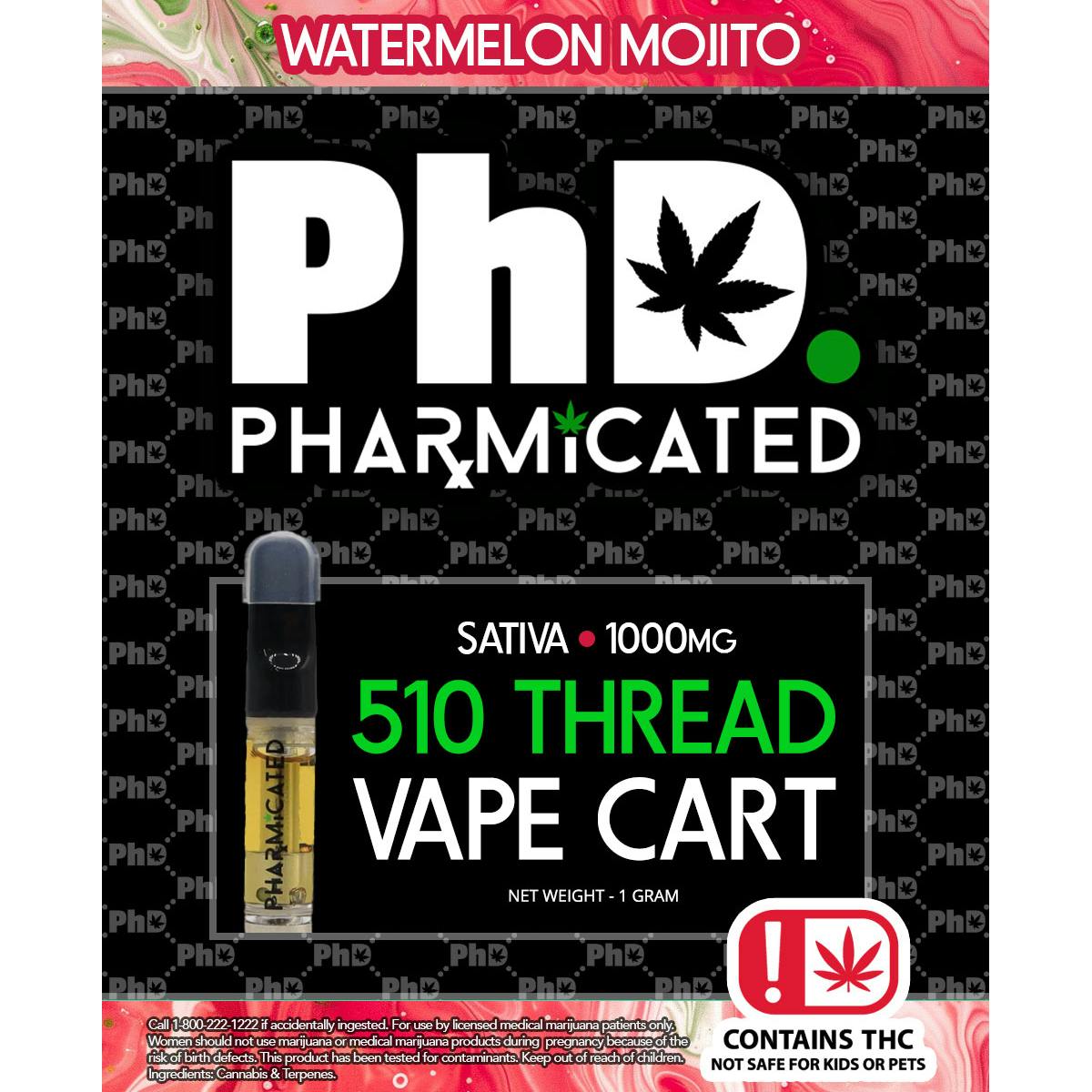 Pharmicated 510 Thread Vape Cart - 1000 mg - Watermelon Mojito (S)