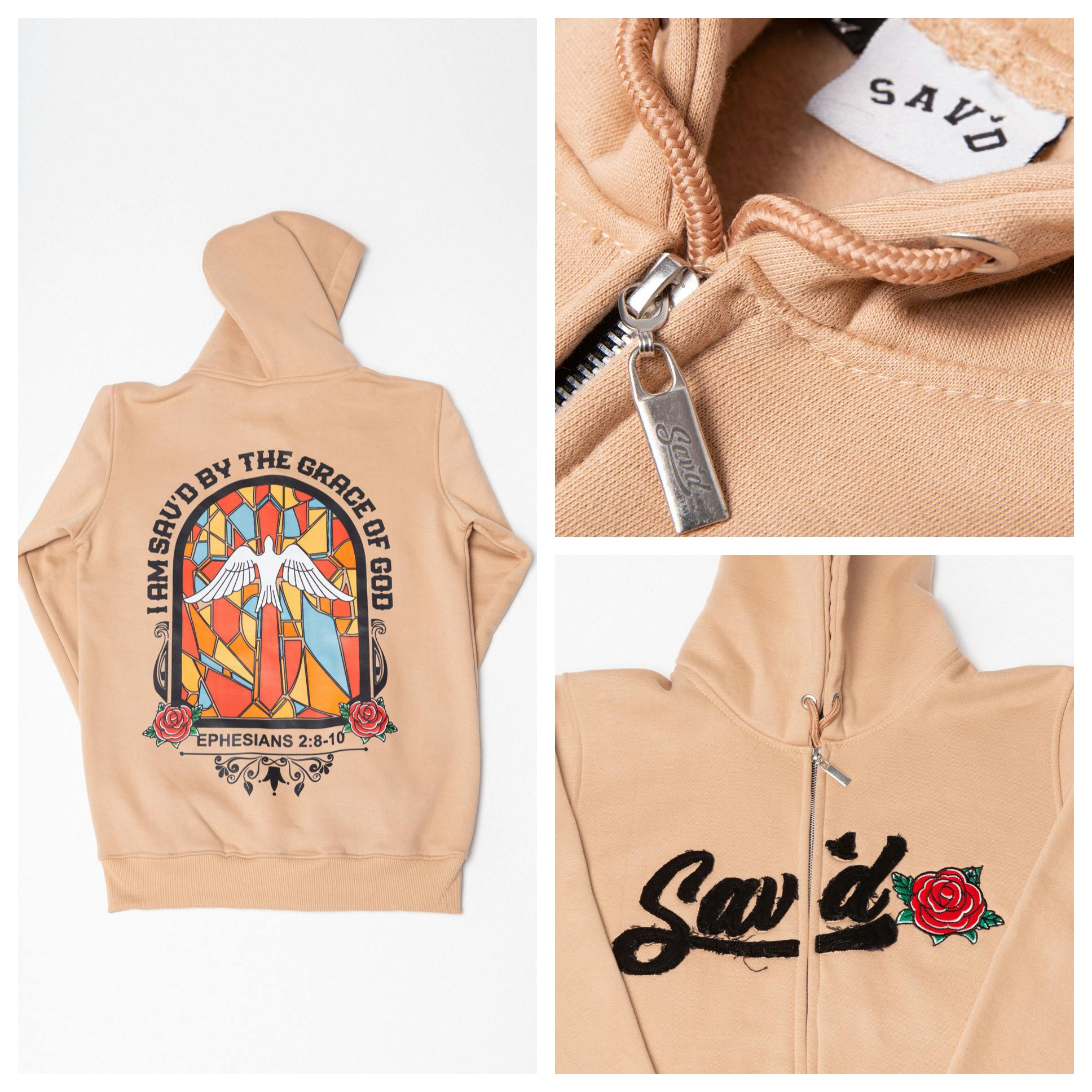 Sav'd By Grace Zip Up Hoodie (Tan)