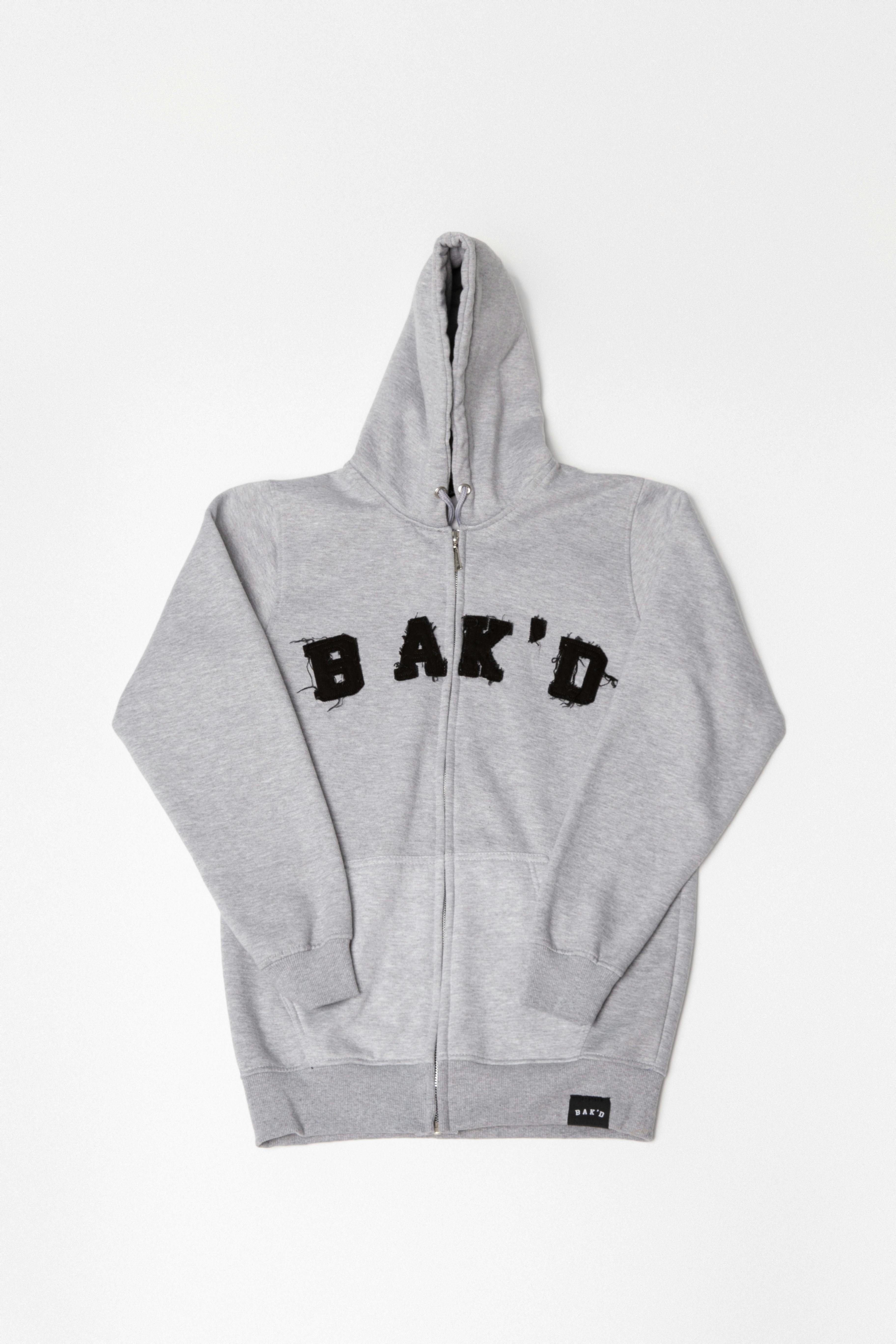 Bak'd Classic Distressed Letter Zip Up Hoodie (Gray)