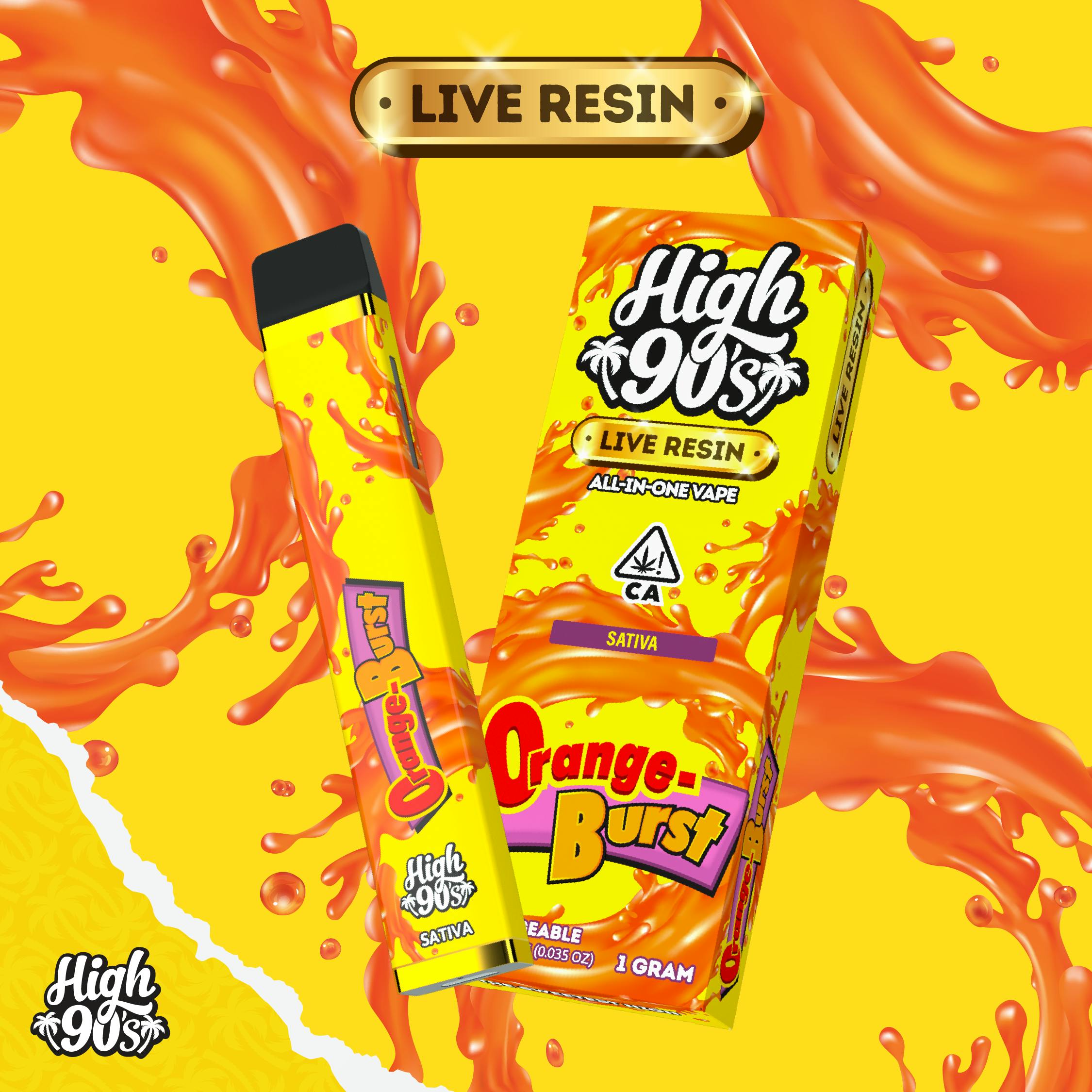 High 90s : Orange Burst Live Resin 1g All-In-One Vape - HIGH 90s