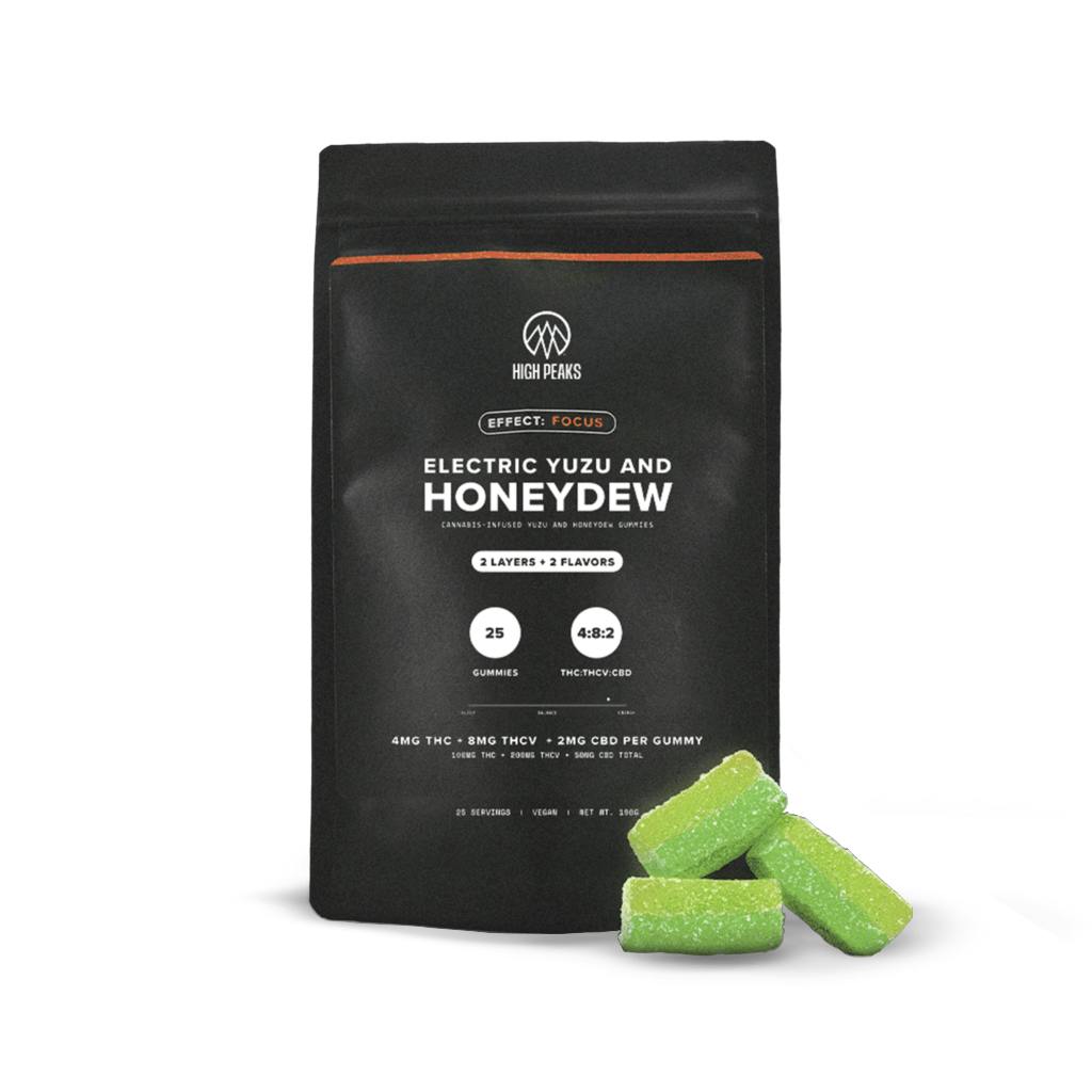Focus | Electric Yuzu & Honeydew 4:8:2 THC:THCV:CBD Gummies | 100mg | 25ct by High Peaks