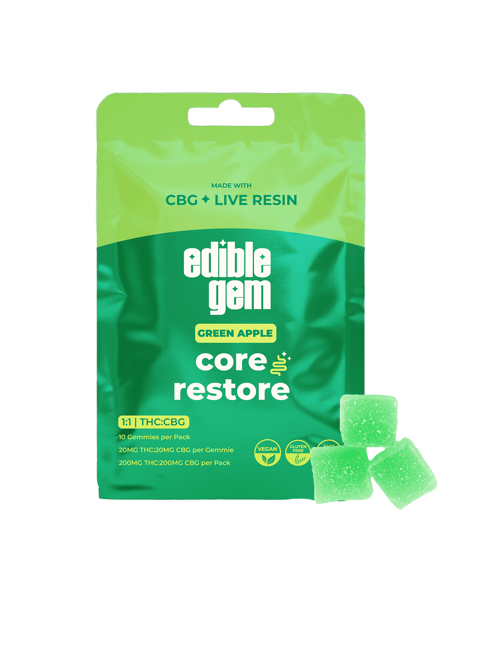 Edible Gem | Core Restore 1:1 CBG | Live Resin Gummies | Green Apple