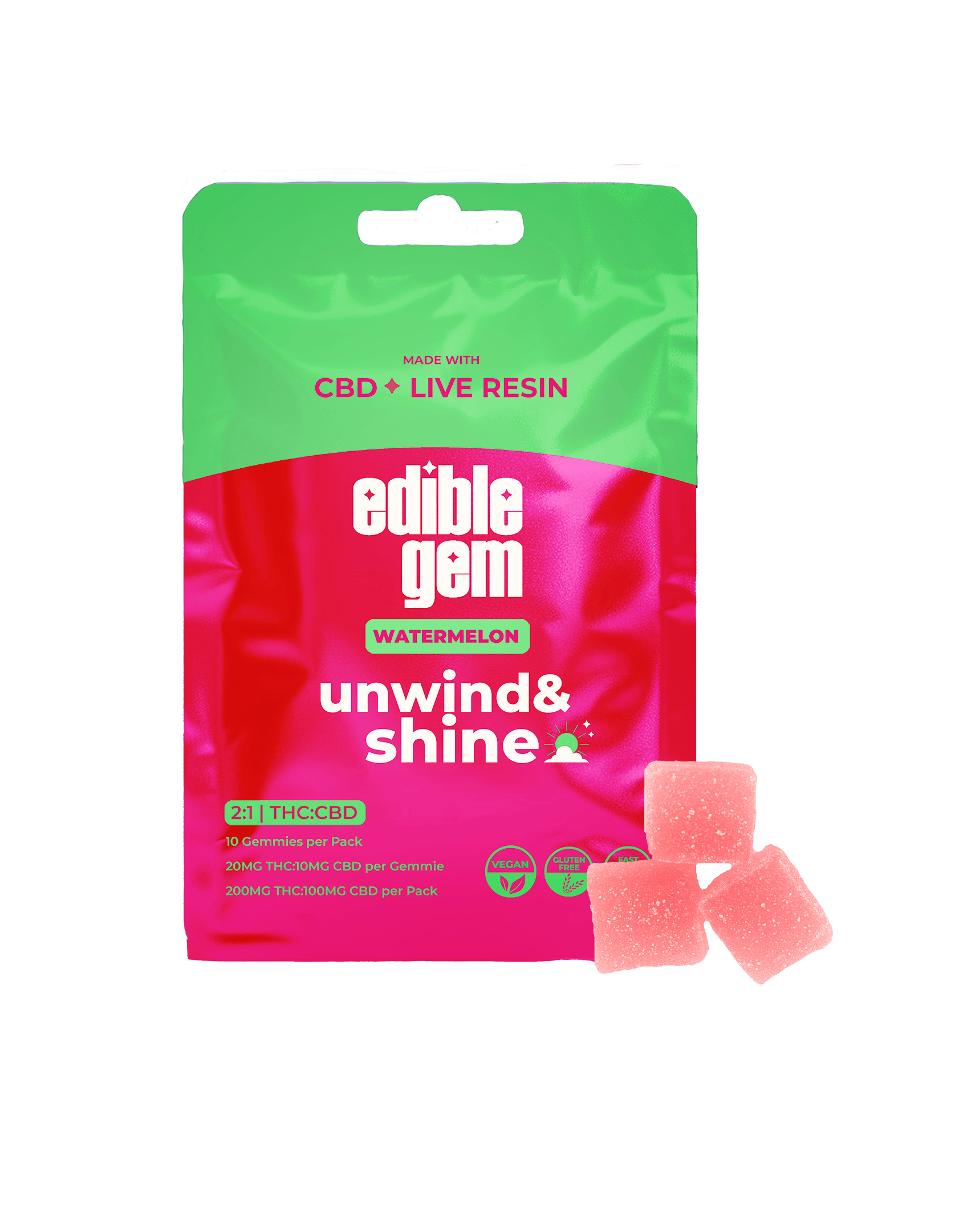 Edible Gem | Unwind & Shine 2:1 CBD | Live Resin Gummies | Watermelon