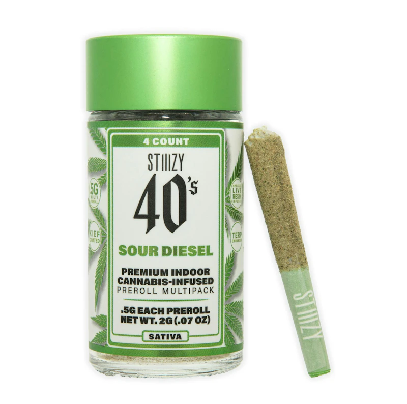 STIIIZY - SOUR DIESEL - .5G 40's Infused Preroll 4 Pack [2g], Infused Pre-Rolls