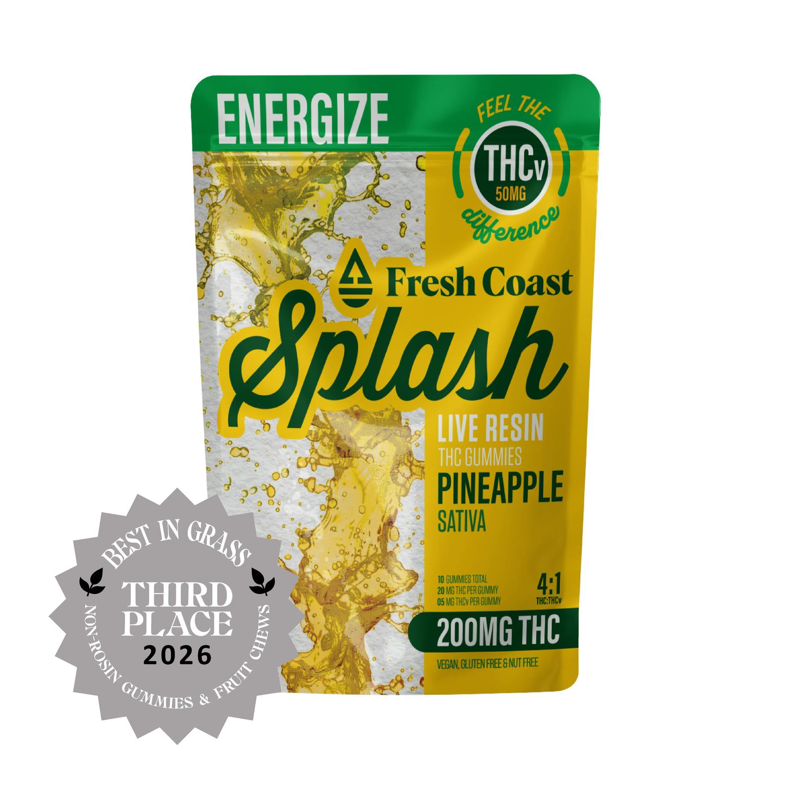 Splash | Pineapple 4:1 THC:THCV Live Resin Gummies | 200mg | 10ct | 20mg/ea by Fresh Coast