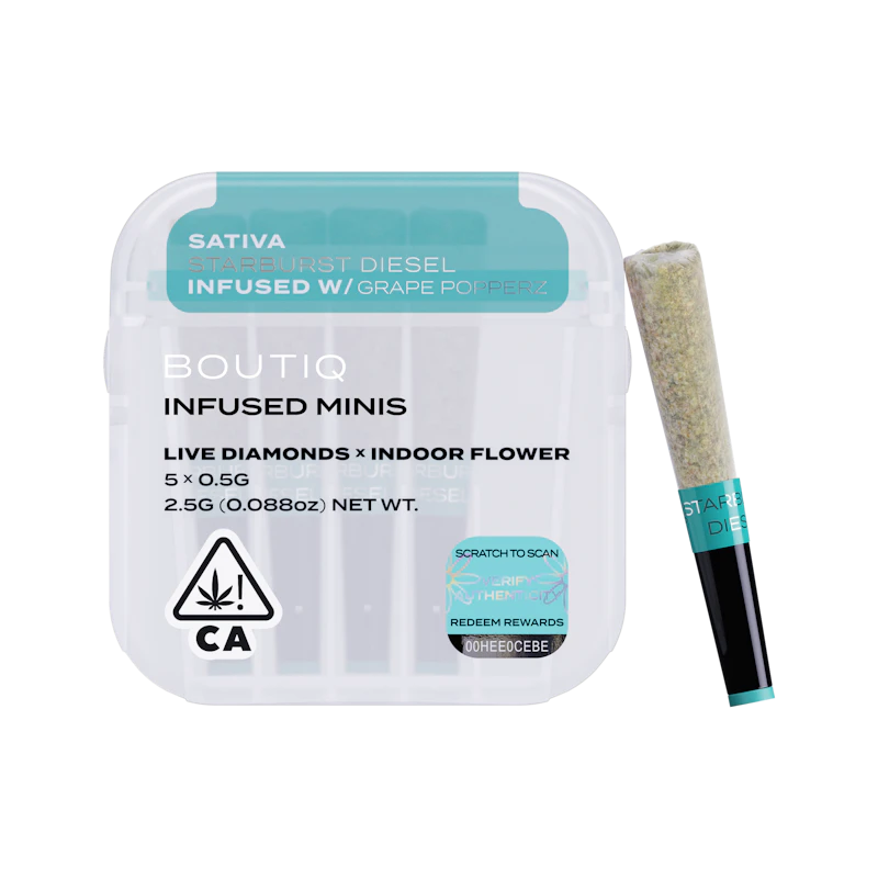 Boutiq Starburst Diesel x Grape Popperz Diamonds · Infused Minis · 5pk, Infused Pre-Rolls