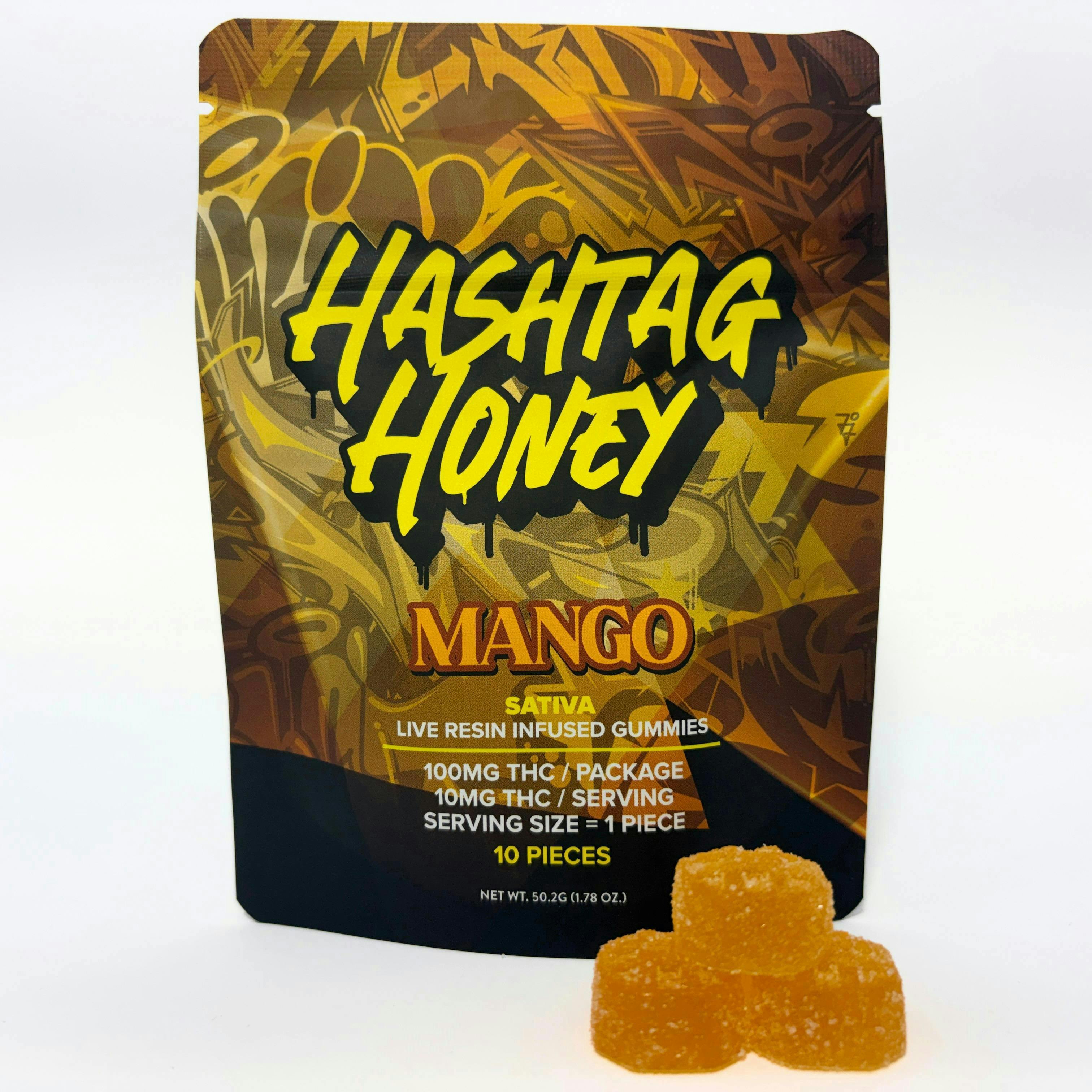 Hashtag Honey | Mango Live Resin Gummies | 100mg | 10ct | 10mg/ea at Wild Flower Dispensary