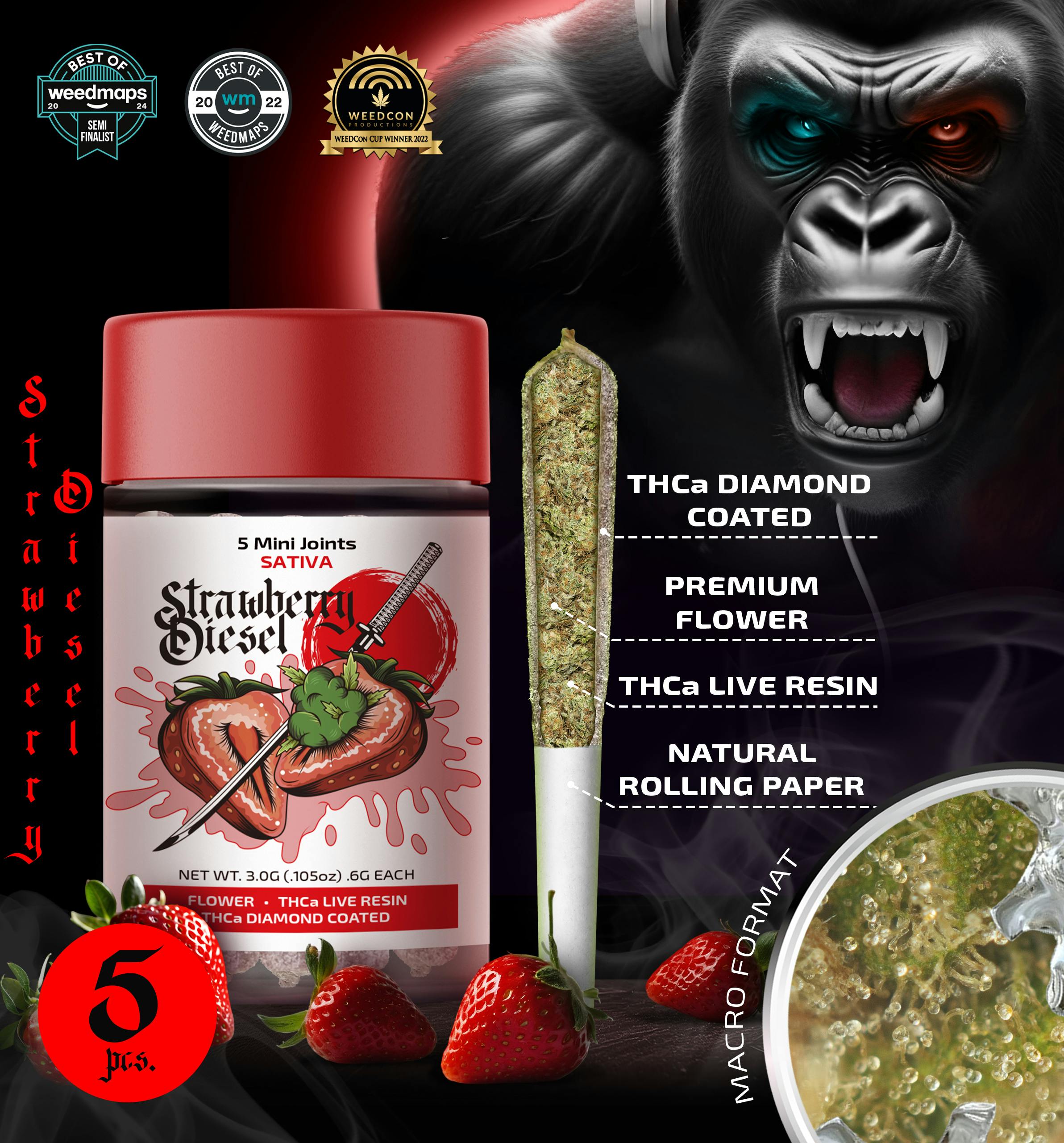 STRAWBERRY DIESEL — 5 Mini Joints THCa + Diamond Coated (3g | 0.6g each)