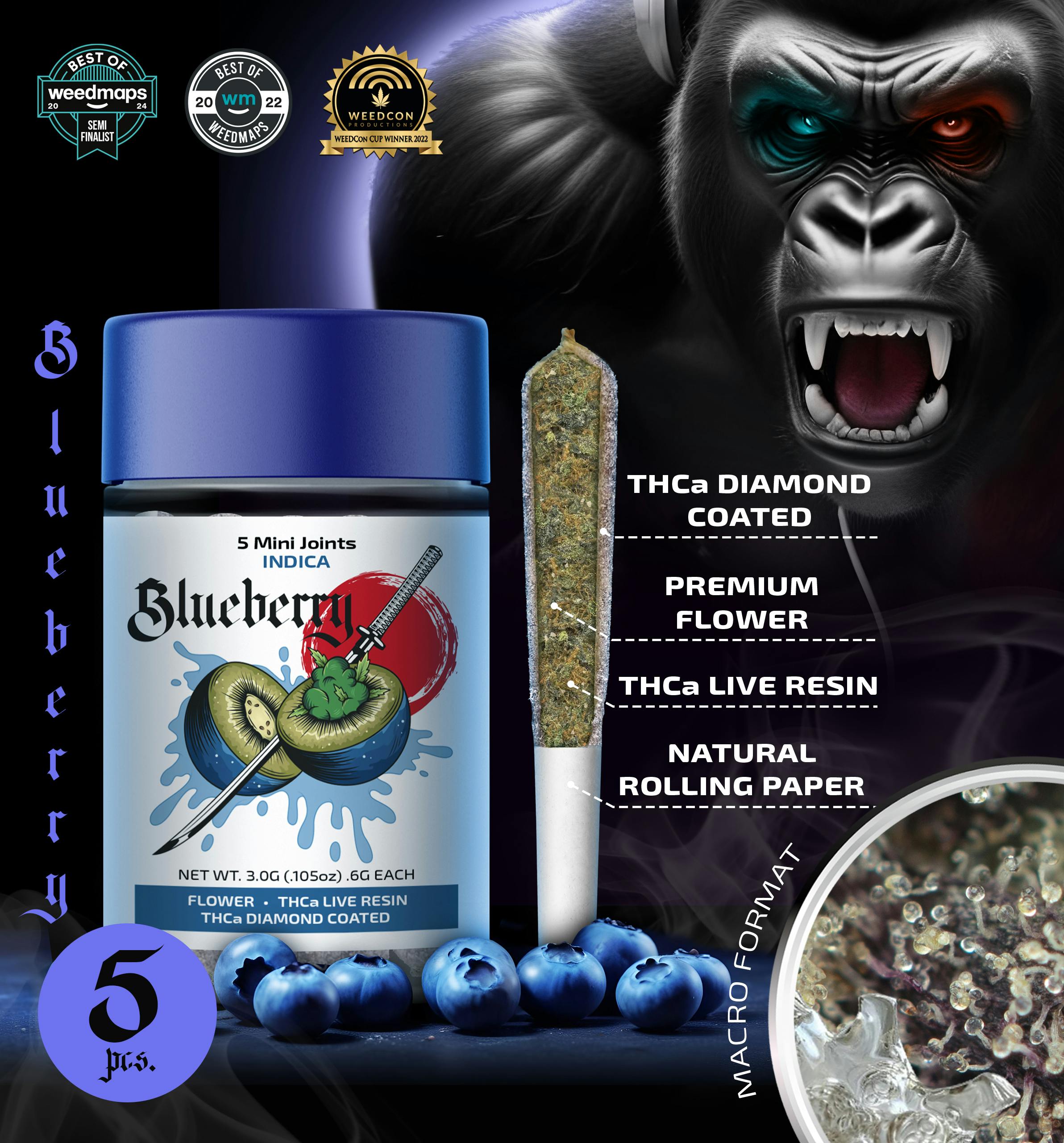 Blueberry — 5 Mini Joints THCa + Diamond Coated (3g | 0.6g each) [Indica]
