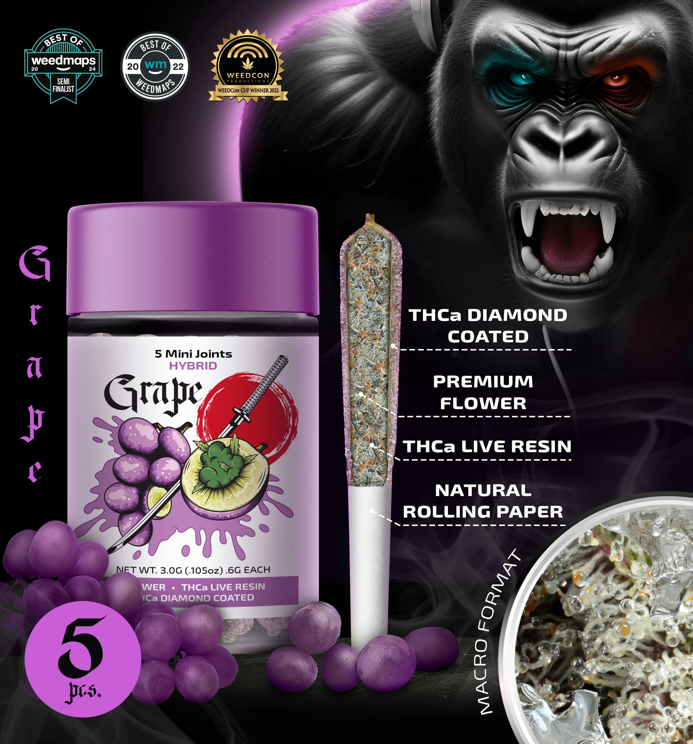 Grape — 5 Mini Joints THCa + Diamond Coated (3g | 0.6g each) [Hybrid]