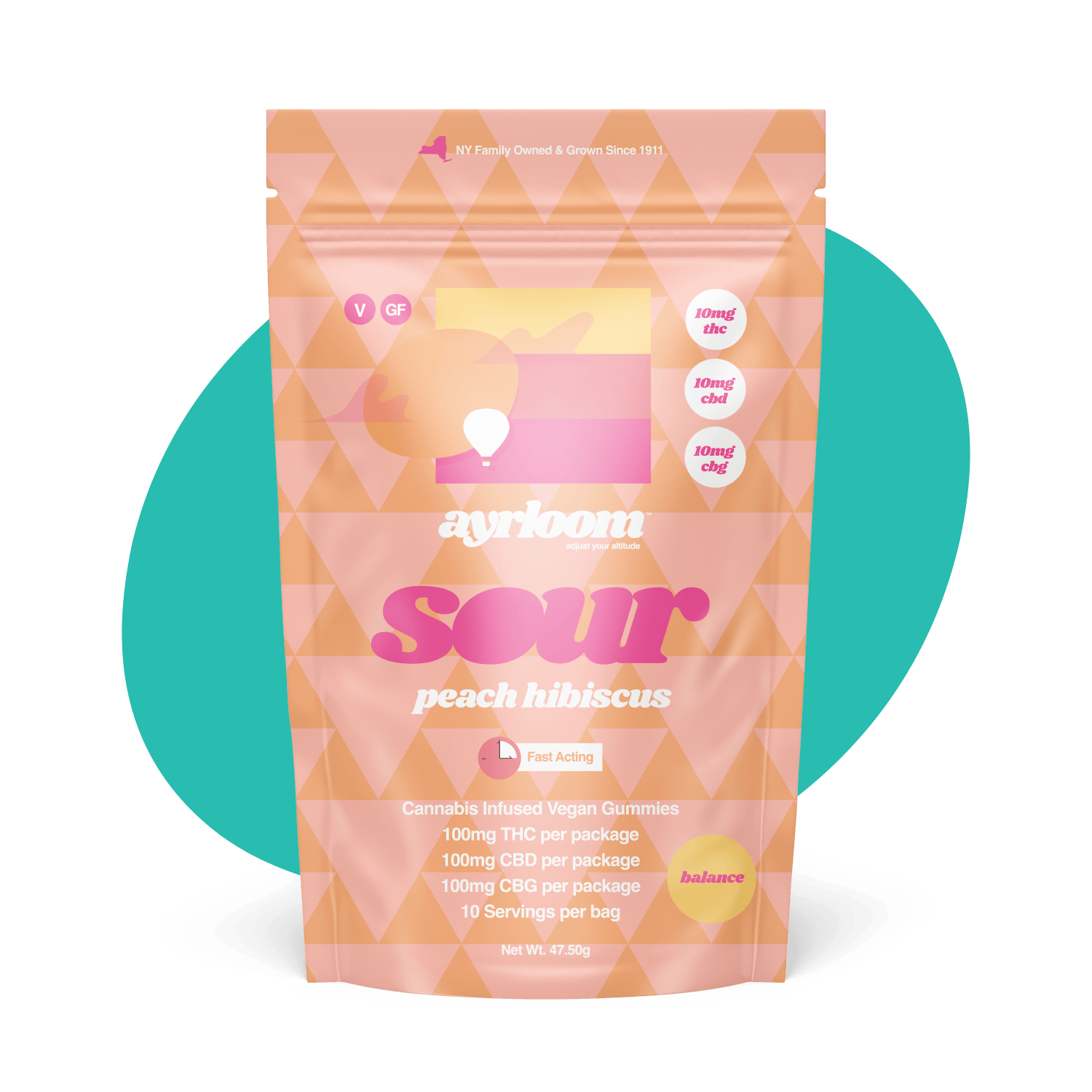 ayrloom | Sour Peach Hibiscus | 1:1:1 | 10MG THC:10MG CBD:10MG CBG | 10pk at Corner House