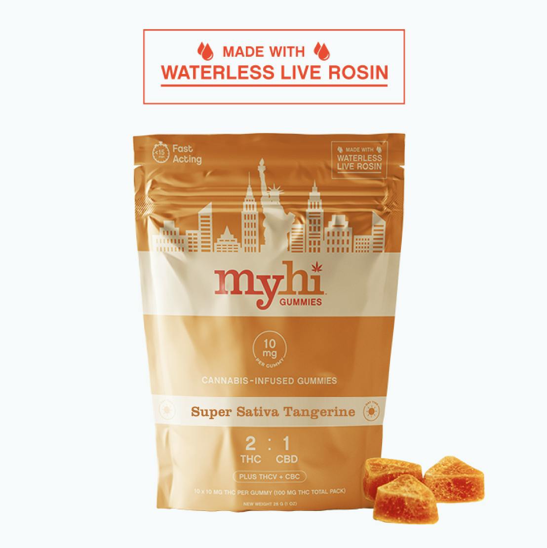 Super Sativa Tangerine (2:1 THC:CBD) - Waterless Live Rosin Gummies (100mg) by My Hi