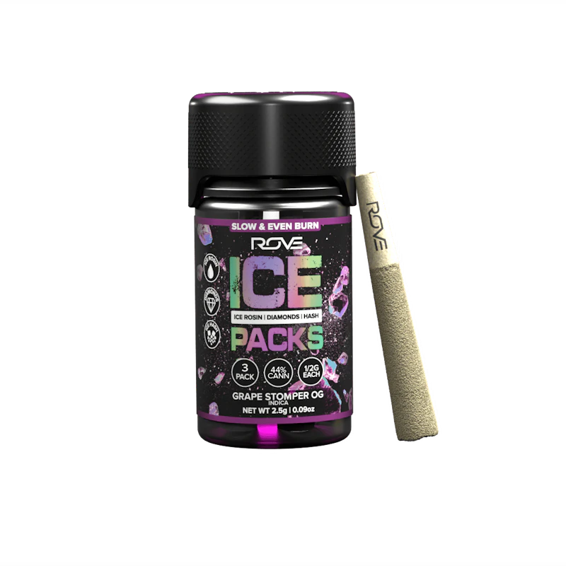 Rove Grape Stomper OG · Infused Ice Packs (Rosin, Hash, and Diamonds) · 3 Pack, Infused Pre-Rolls