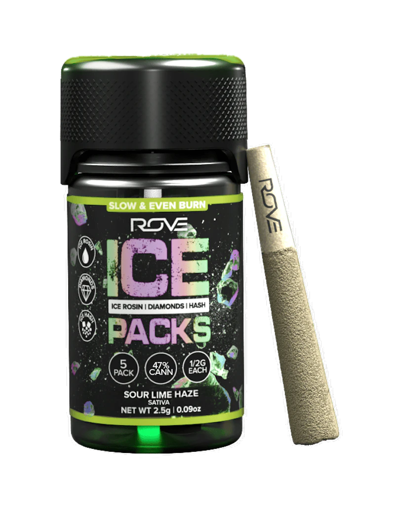 Rove Sour Lime Haze · Infused Ice Packs (Rosin, Hash, and Diamonds) · 5x 0.5g, Infused Pre-Rolls