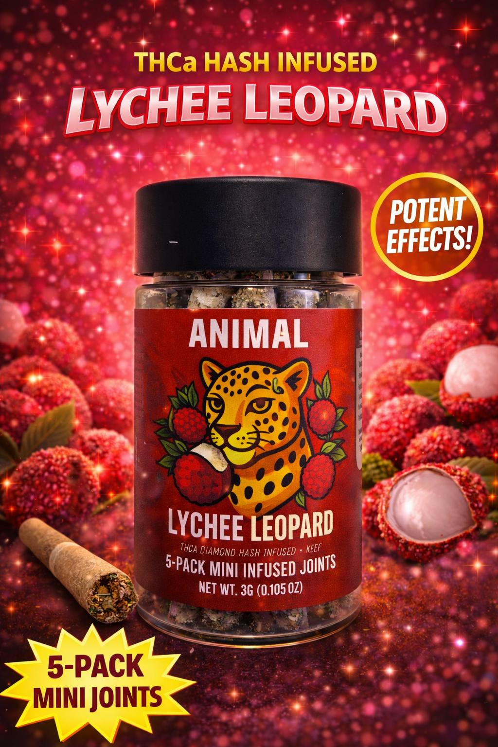 Lychee Leopard - HASH Infused THCa Diamond + Kief 5pk (3G) Mini