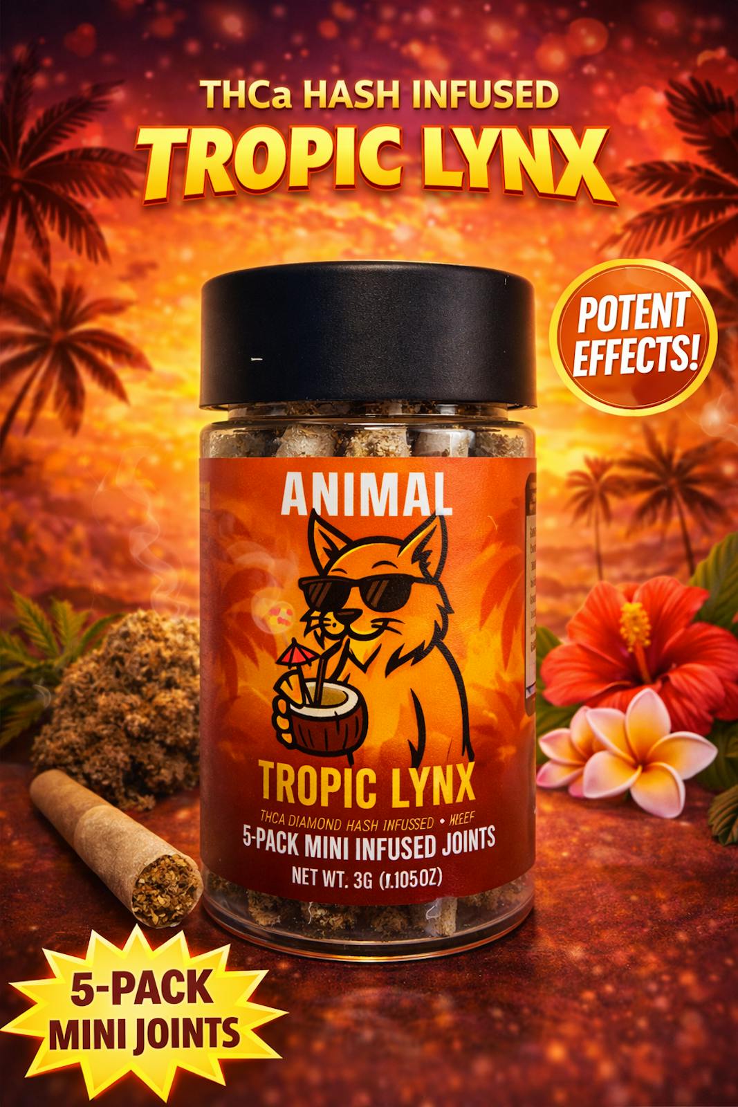 Animal Tropic Lynx - HASH Infused THCa Diamond + Kief 5pk (3G) Mini Joints