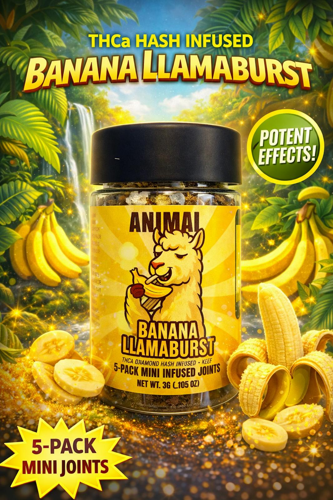 Animal Banana Llamaburst - HASH Infused THCa Diamond + Kief 5pk (3G) Mini Joints