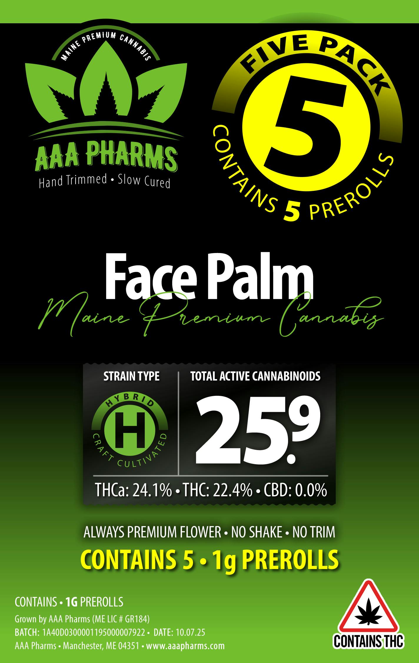 Face Palm 5 Pack 1g Pre Rolls by AAA Pharms