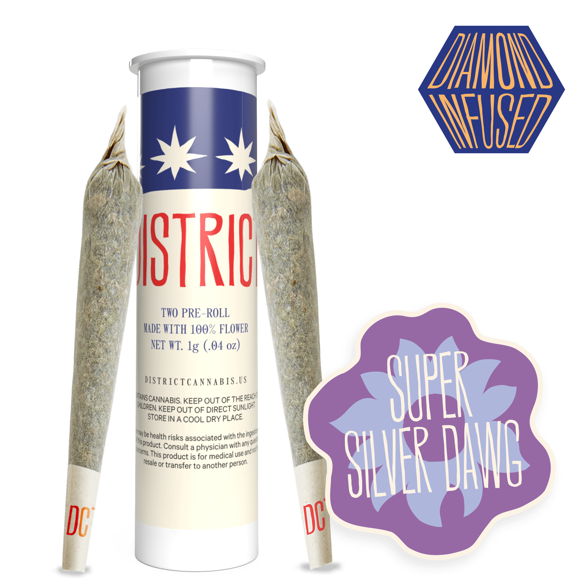 Super Silver Dawg | Diamond Infused Pre-Rolls 2ct by District Cannabis