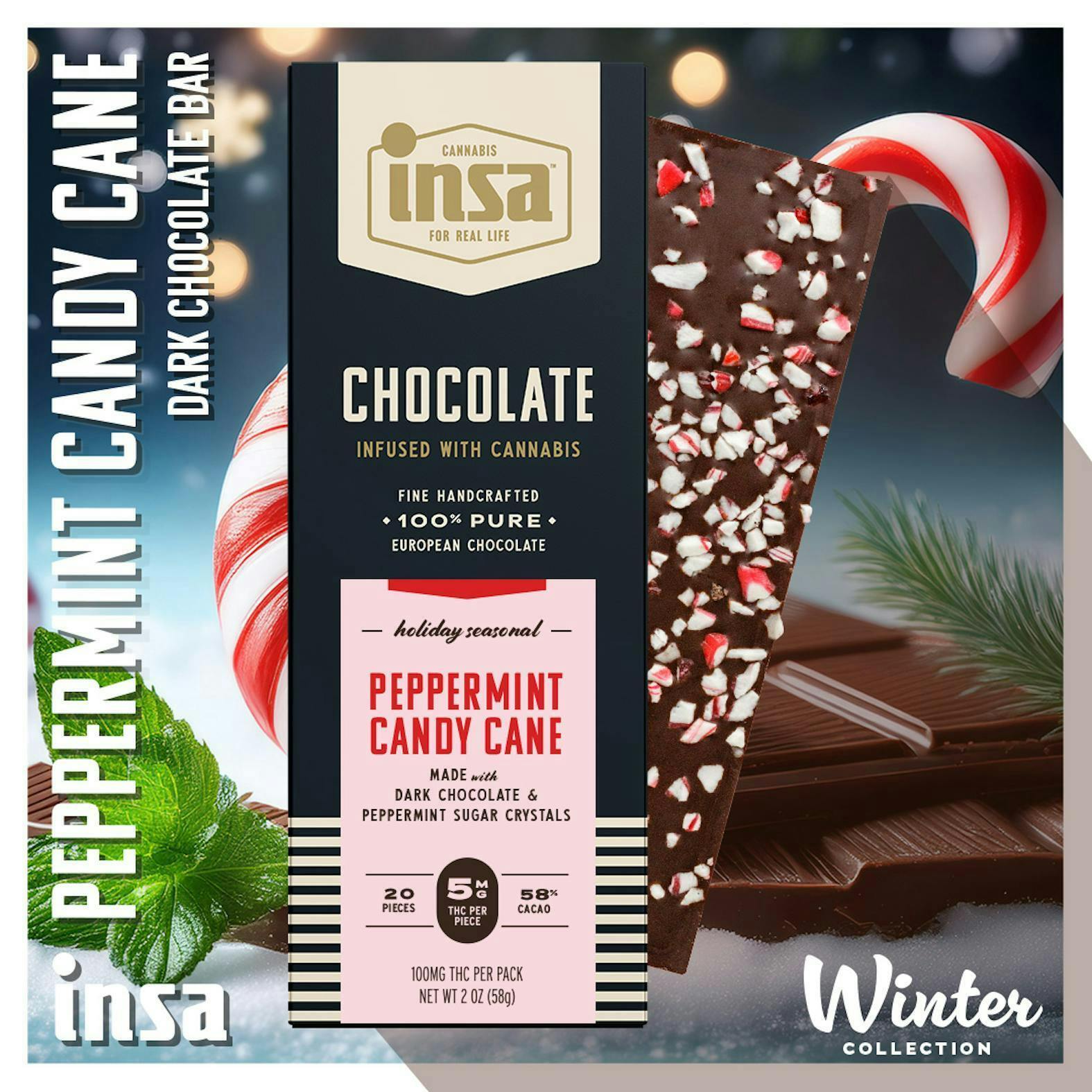 INSA - Peppermint Candy Cane Dark Chocolate Bar - 100mg - INSA