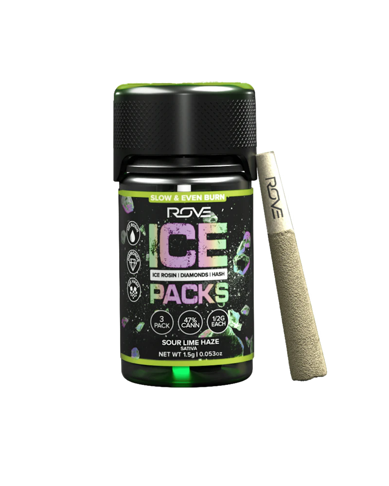 Rove Sour Lime Haze · Infused Ice Packs (Rosin, Hash, and Diamonds) · 3x 0.5g, Infused Pre-Rolls