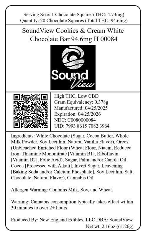 SoundView - Cookies & Cream White Chocolate Bar 94.6mg THC by SoundView