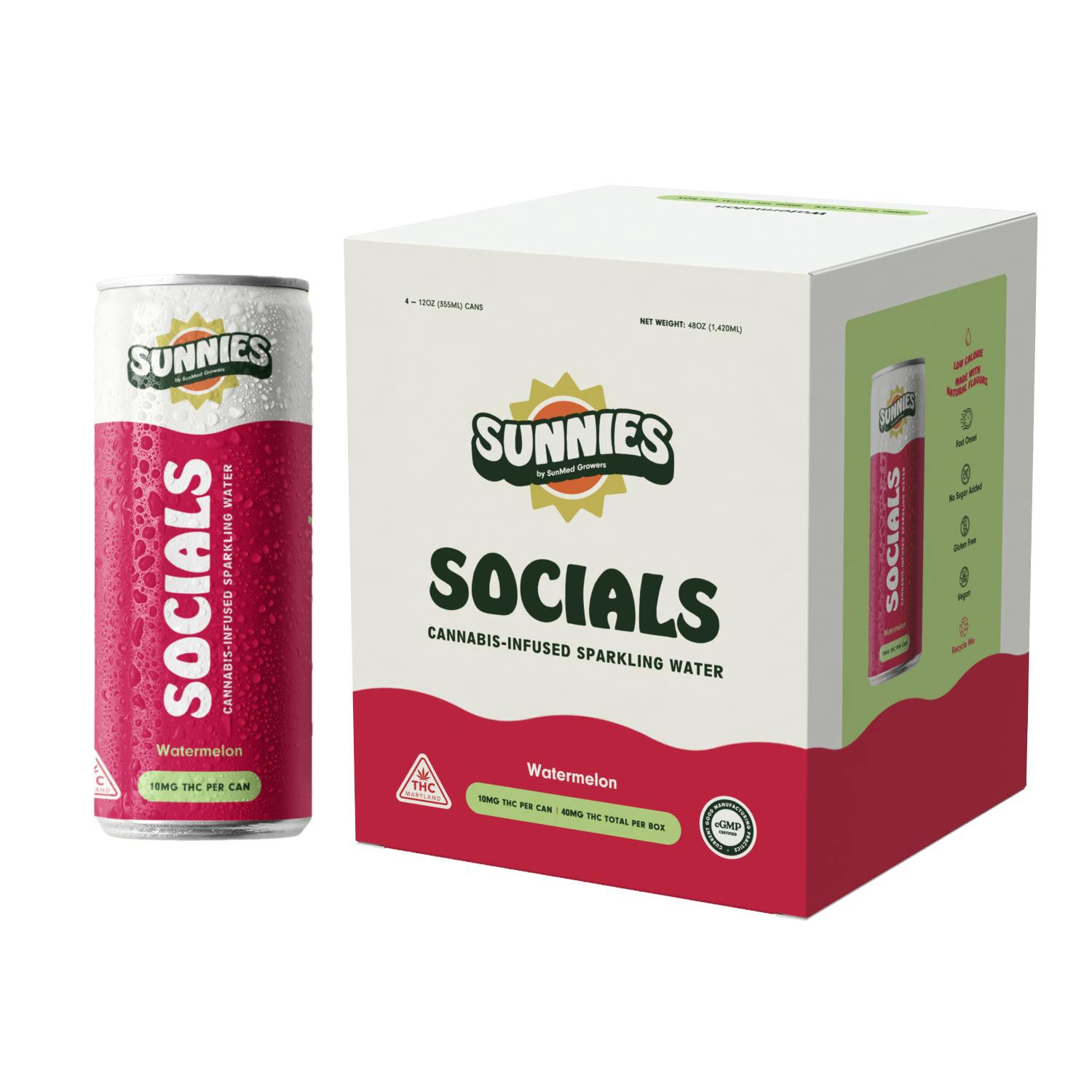 Socials - Watermelon Sparkling Water - 4 pk - 40mg by SunMed Growers