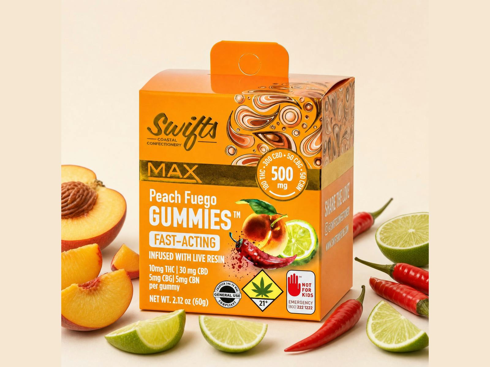 Swifts Peach Fuego MAX | Live Resin Gummies - 500mg - THC:CBD:CBN:CBG by Swifts Edibles