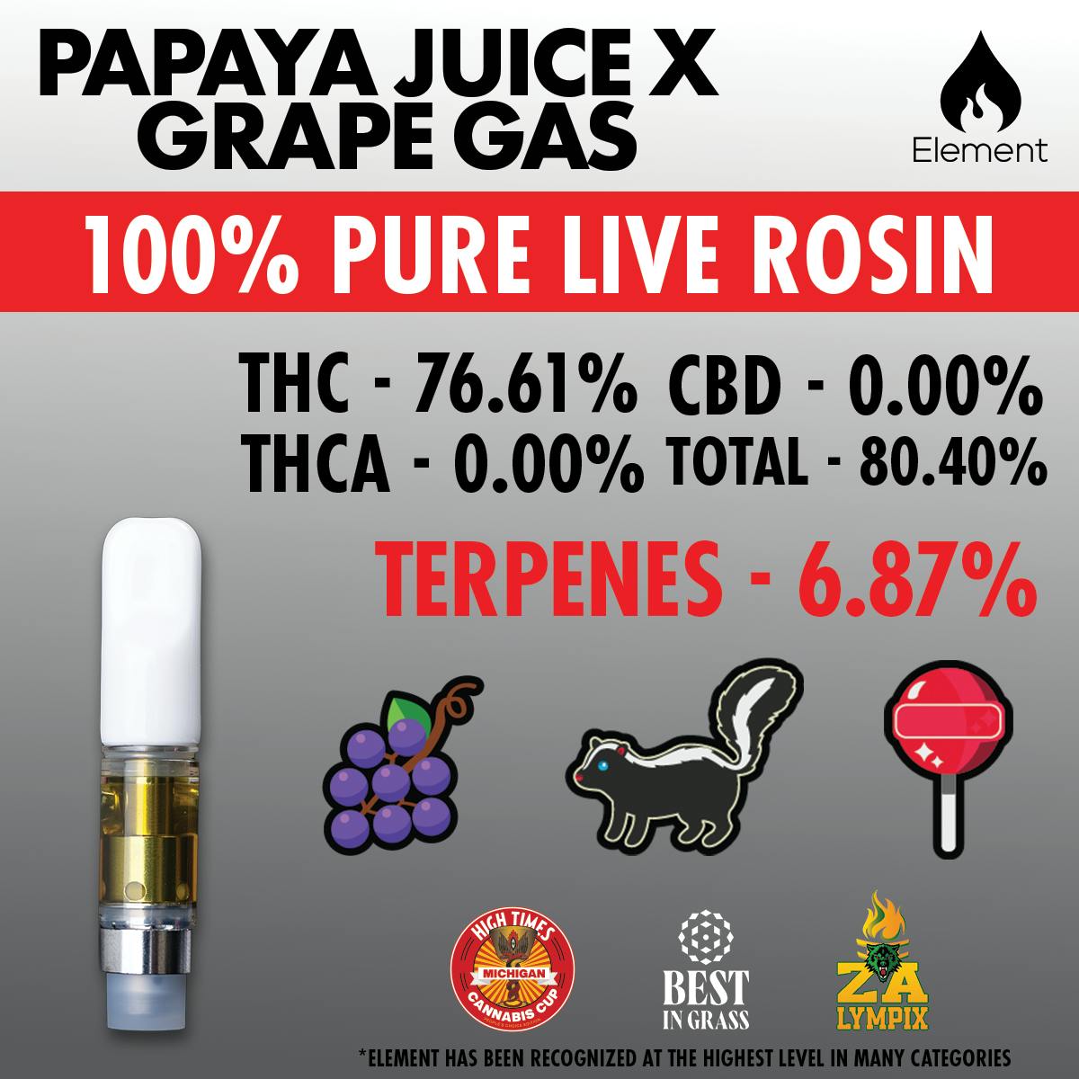 Element - Pure Live Rosin Cart 0.5G - Papaya Juice x Grape Gas