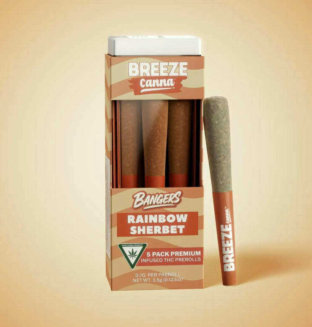 BREEZE Canna | Rainbow Sherbet | Bangers Infused Joints | .7g each | 5pk by BREEZE Canna