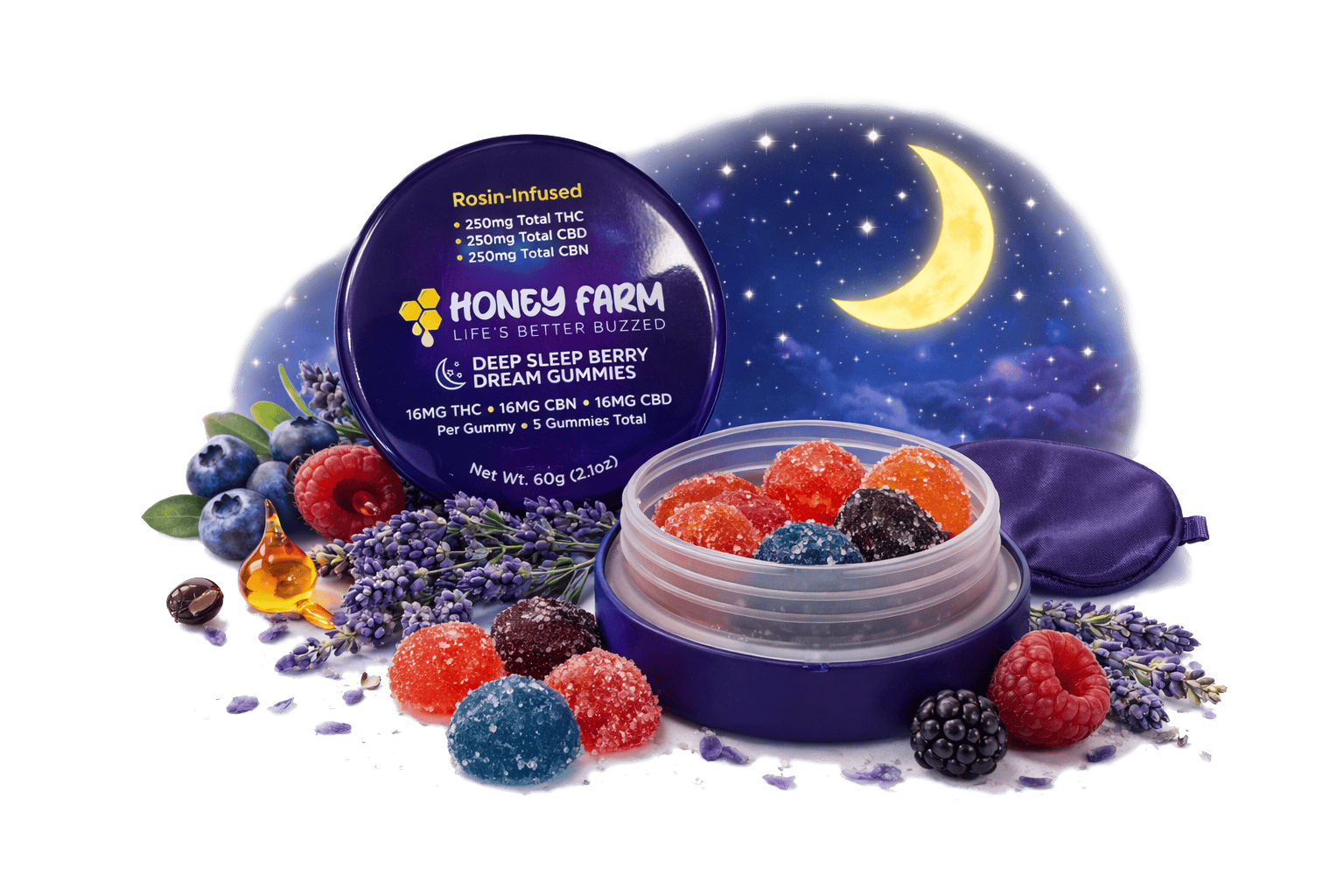 Rosin-Infused Sleep Berry Dream Gummies 250mg THC 250mg CBN 250mg CBD