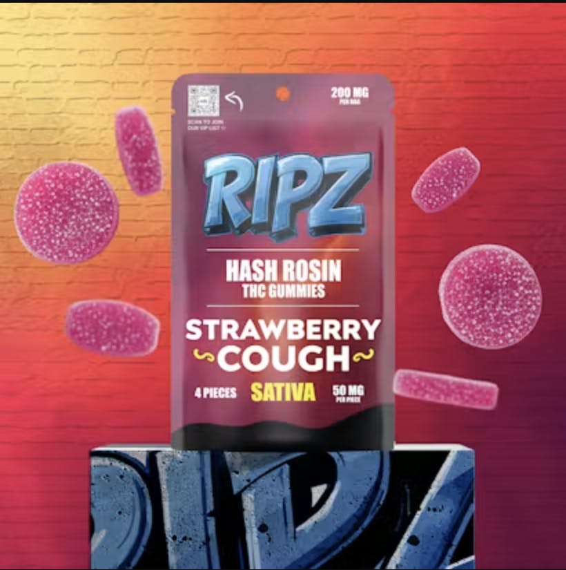 Strawberry Cough Hash Rosin Gummies | 200mg | 4ct | 50mg/ea by Ripz