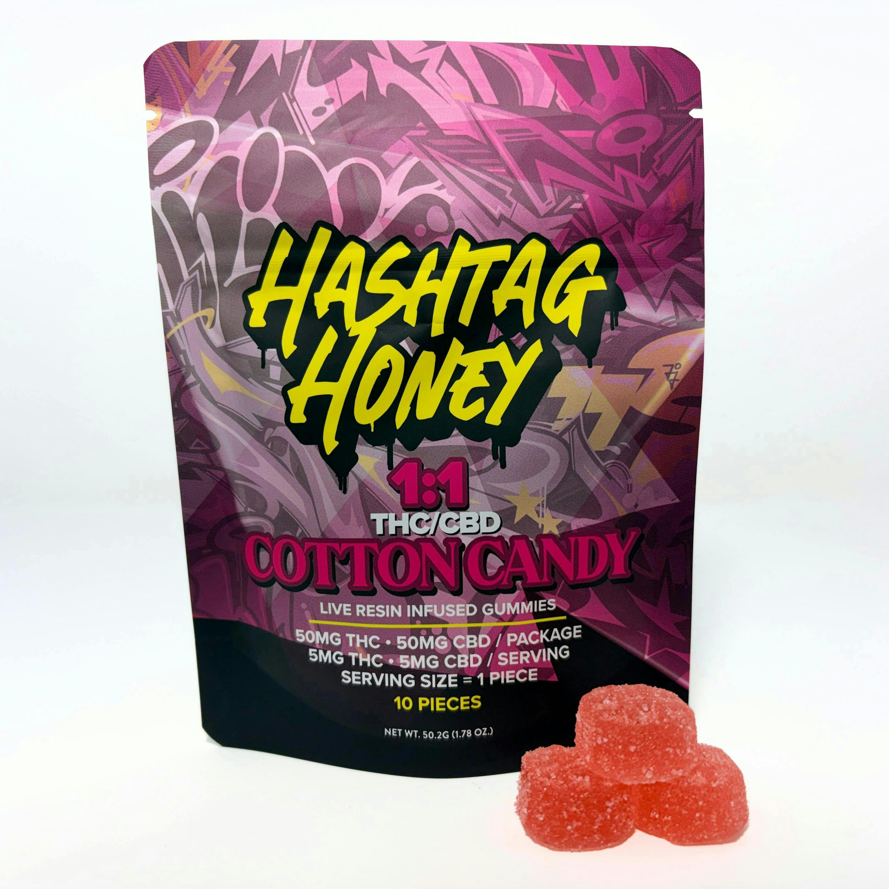 Cotton Candy 1:1 THC:CBD Live Resin Gummies | 100mg | 10ct | 10mg/ea by Hashtag Honey
