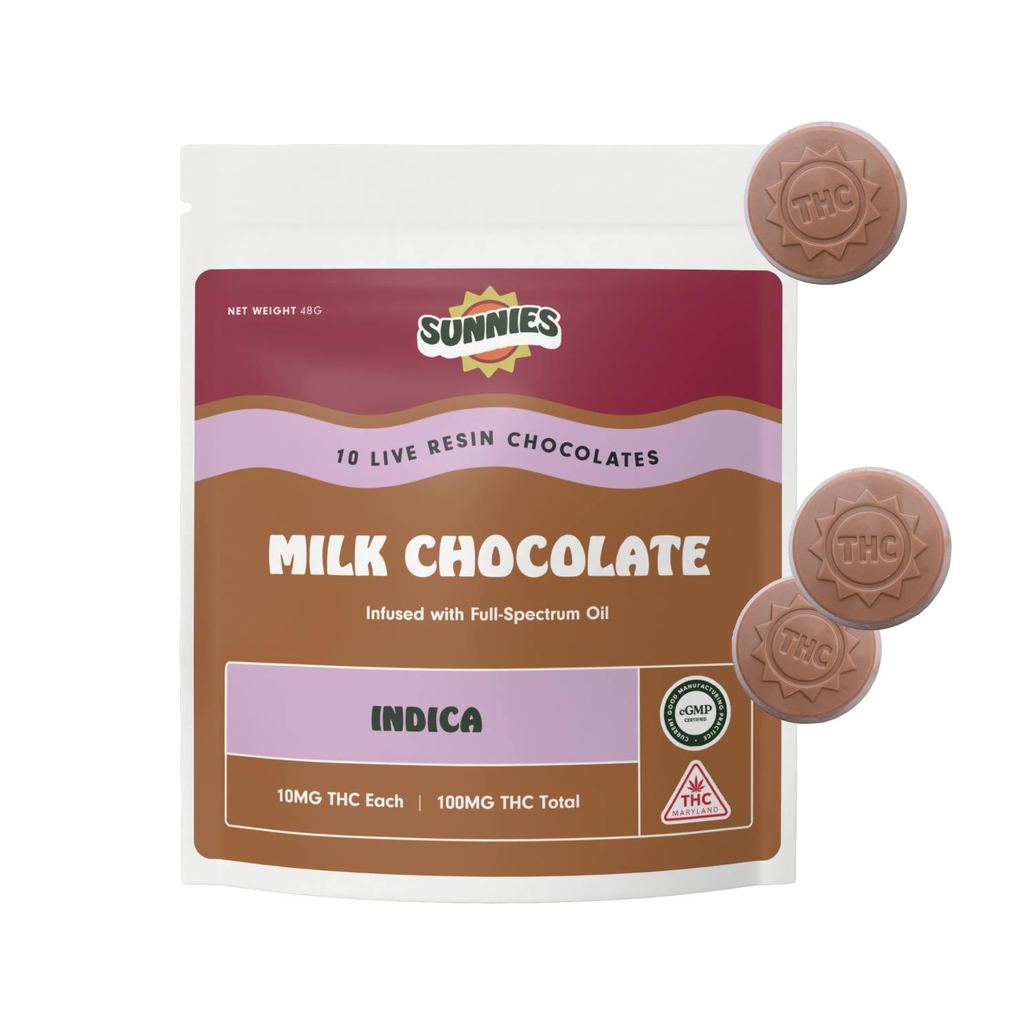 Sunnies Live Resin Milk Chocolate Indica 10pk by SunMed Growers