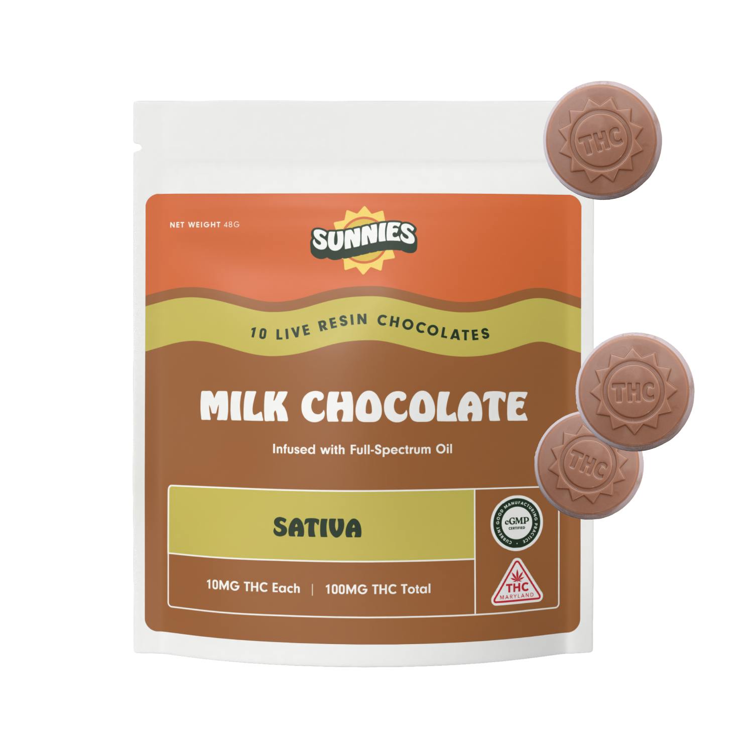 Sunnies Live Resin Milk Chocolate Sativa 10pk by SunMed Growers