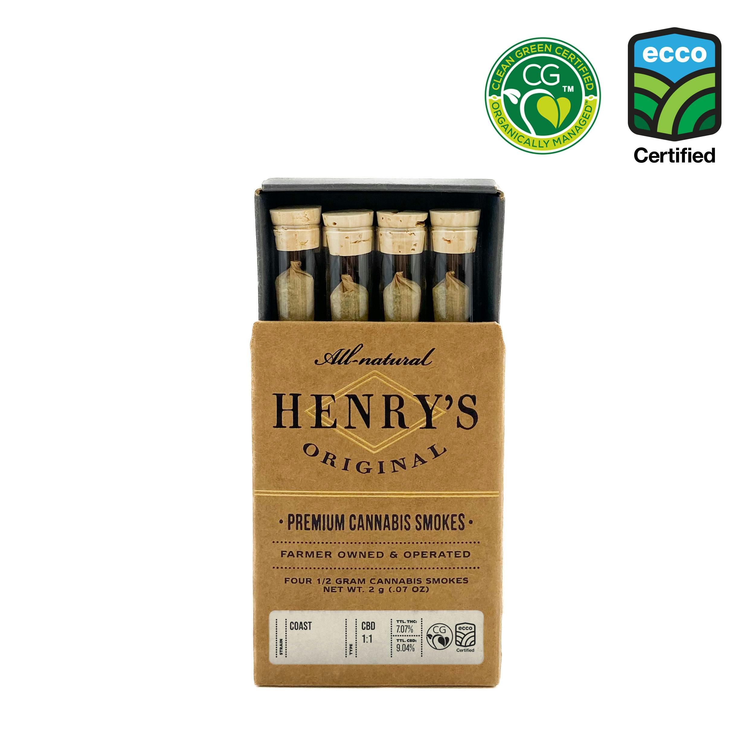 Henry's Originals | Coast 1:1 CBD:THC | Joints | 0.5g each | 4pk
