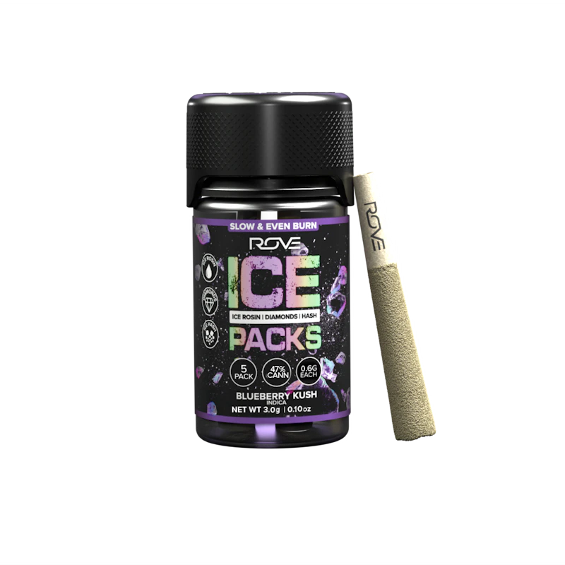 Rove Blueberry Kush · Infused Ice Packs (Rosin, Hash, and Diamonds) · 5x 0.6g, Infused Pre-Rolls