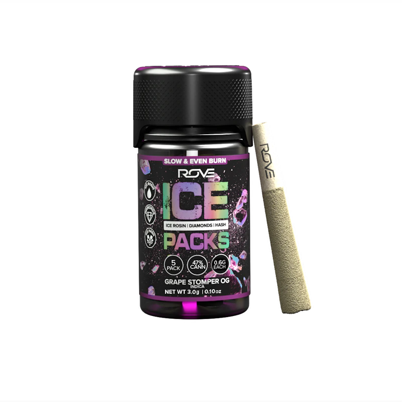 Rove Grape Stomper OG · Infused Ice Packs (Rosin, Hash, and Diamonds) · 5x 0.6g, Infused Pre-Rolls