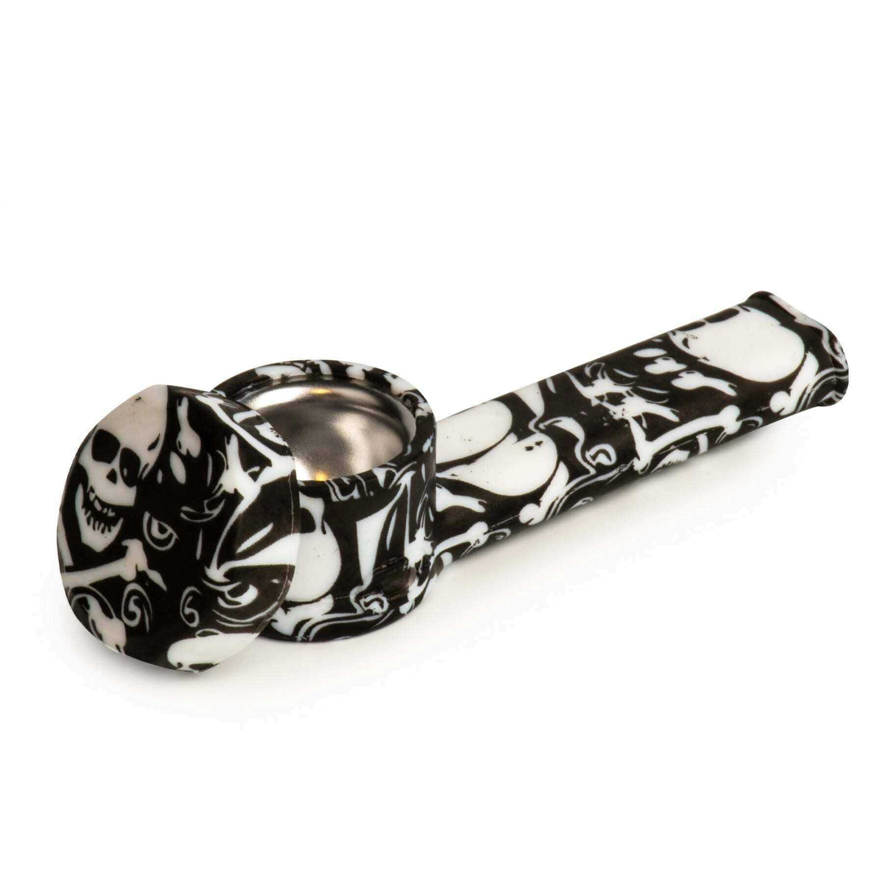 3.5" Silicone Hand Pipe W/ Glass Bowl - Skull & Crossbones, Aliens, Or Suga