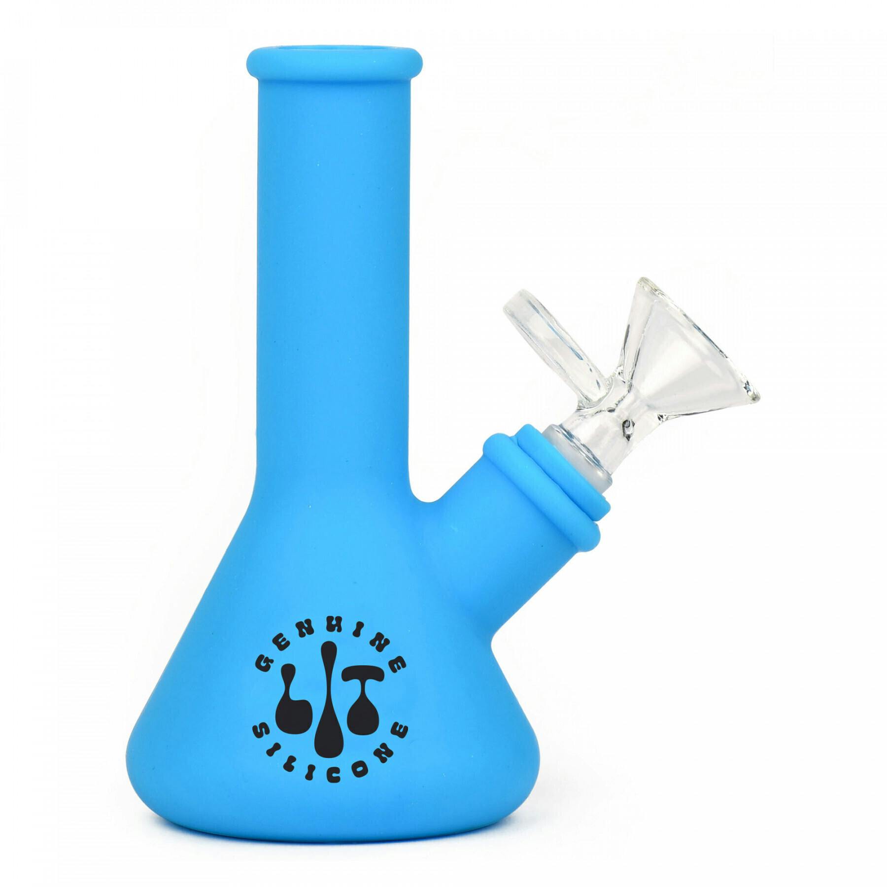 Silicone 5" Tall Blue Beaker Water Pipe W/Glass Pull-Out Group - Blue | Bon