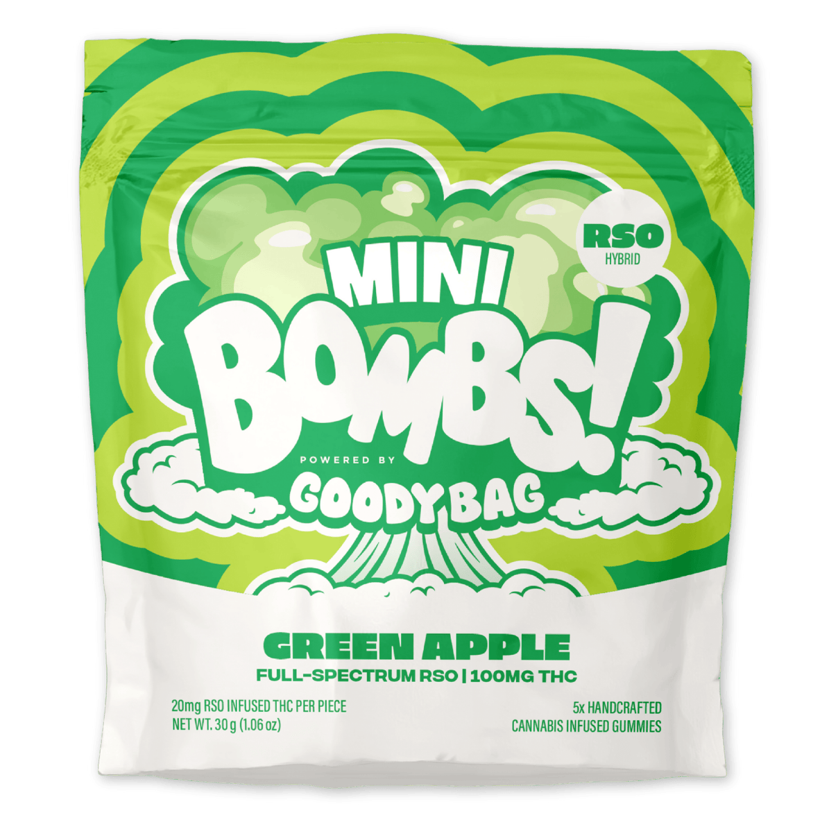 GUMMY | RSO | MINI BOMBS | GREEN APPLE | 100MG | | Gummies | 5pk | 20mg/ea