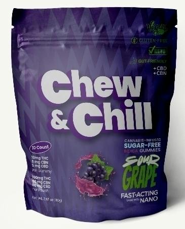 Chew & Chill Gummies Live Resin Sugar Free | 10:5:5 THC:CBN:CBD | Sour Grap